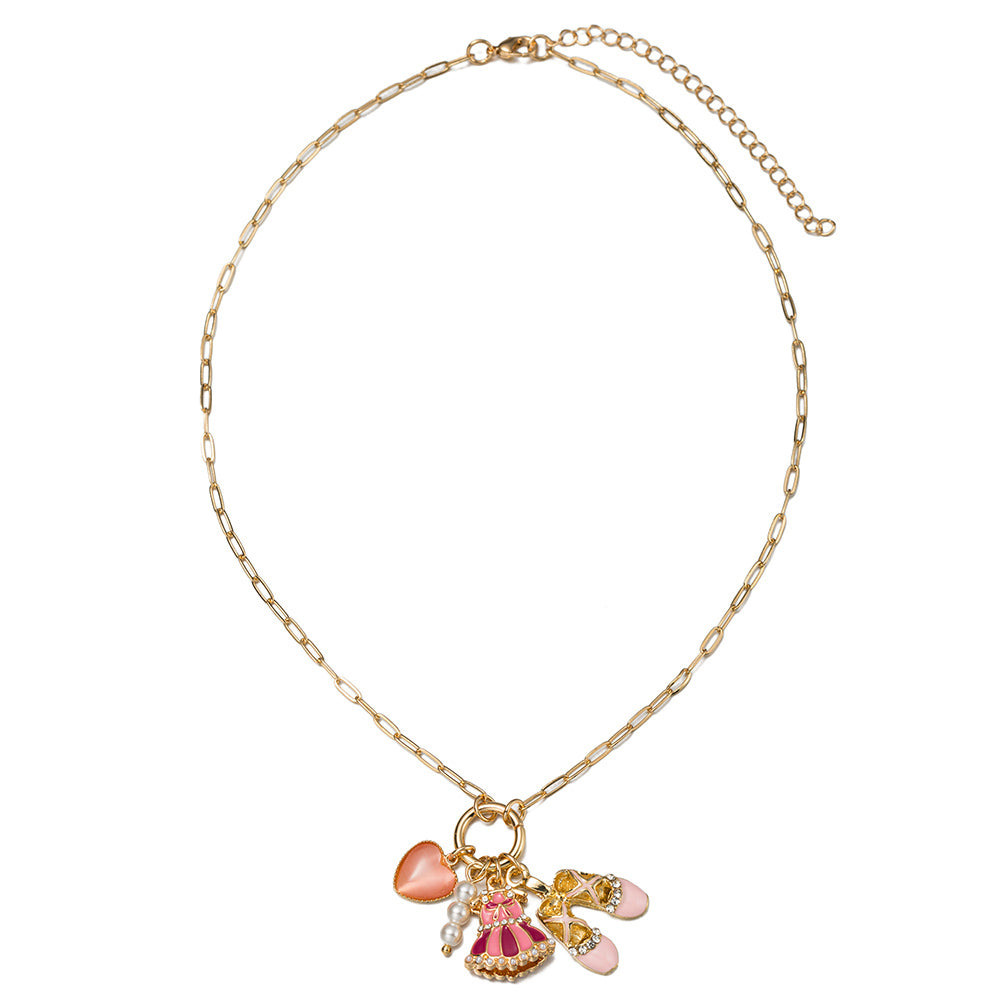 Kids Gold Paperclip Chain Necklace with Ballerina Tutu, Slippers, Pearl, Pink Heart Charms