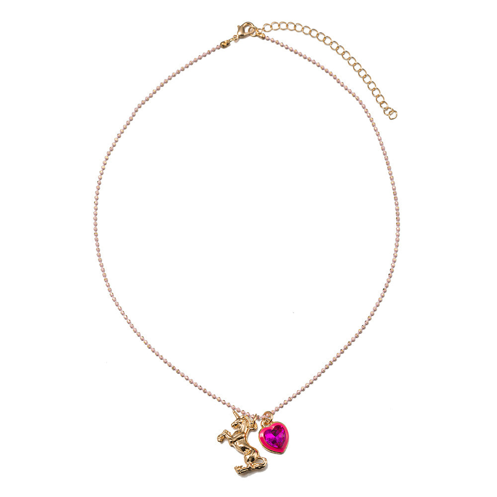 Kids Pink Ballchain Chain Necklace with Pink Crystal Heart, Unicorn Charms