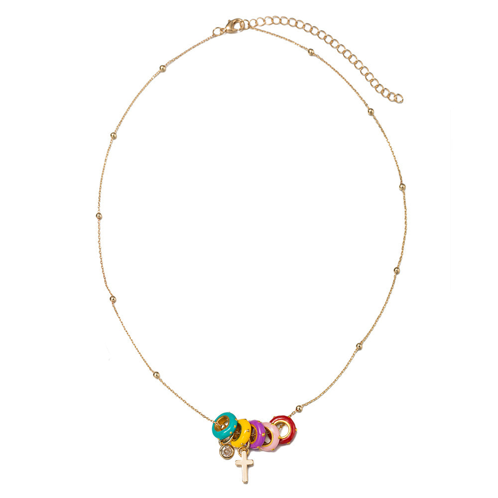 Kids Gold Ballchain Chain Necklace with Multi Colored Rondelles & Gold Cross