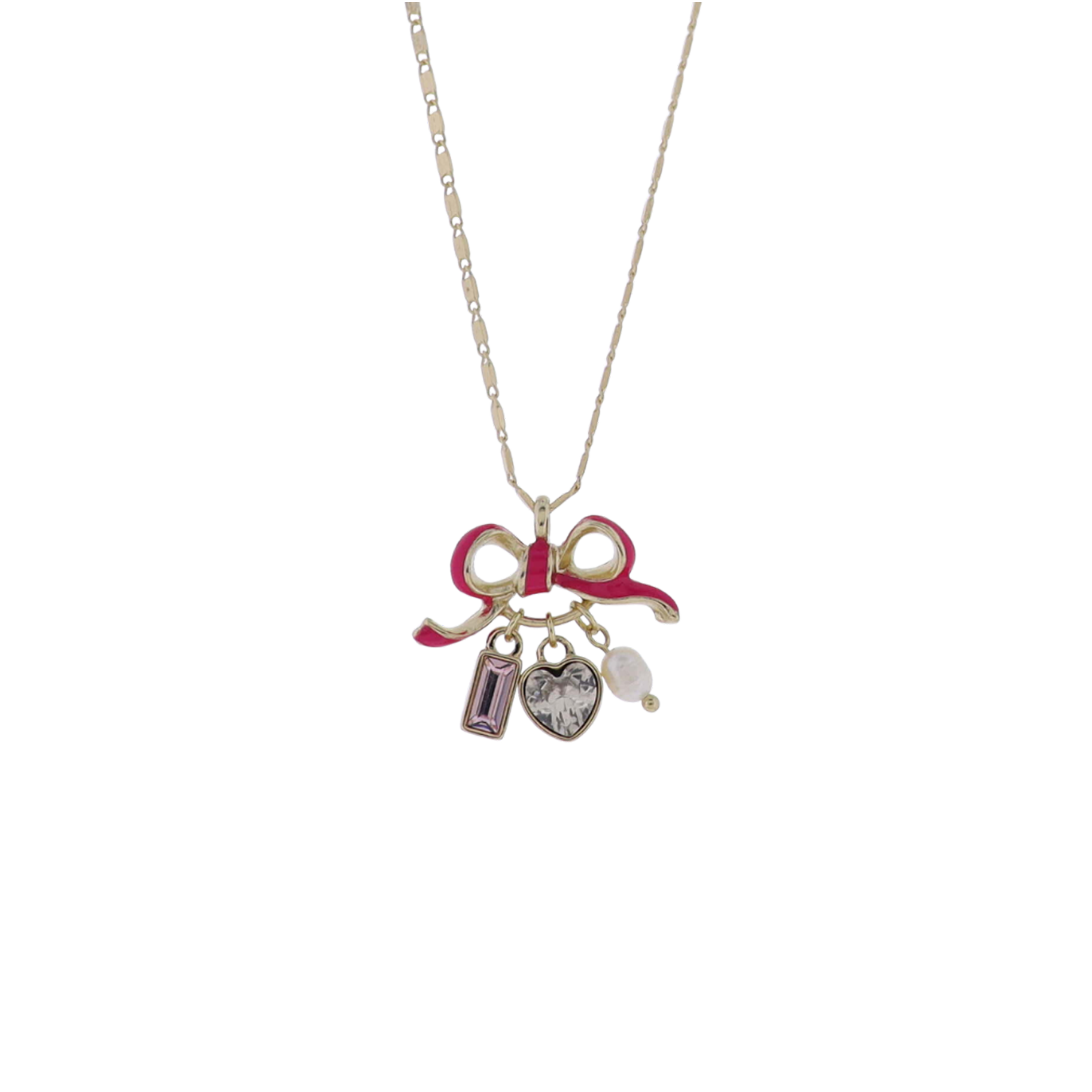 Kids Gold Flat Handmade Chain Pink Bow Necklace with Pink, Clear Crystals & Pearl