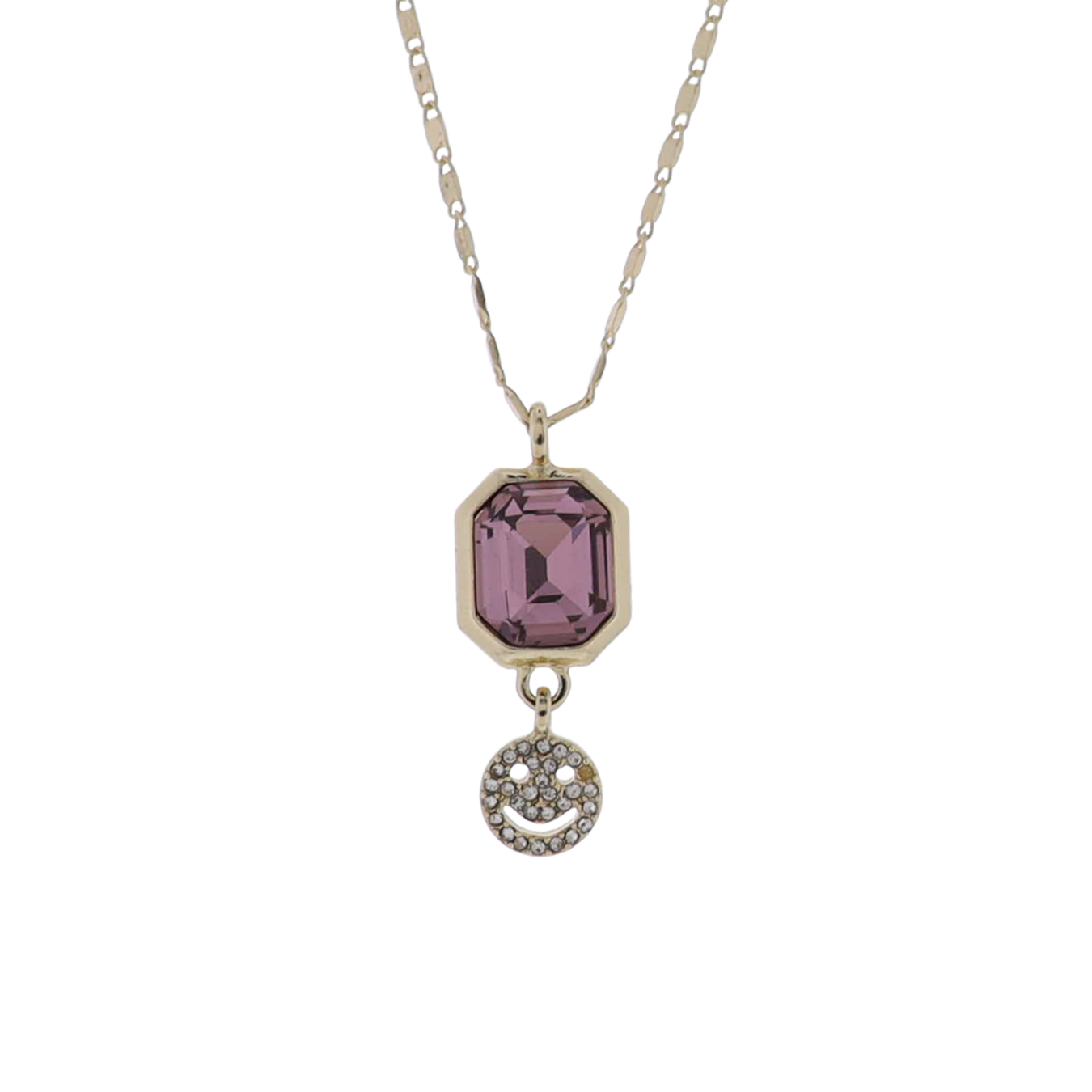 Kids Gold Flat Handmade Chain Purple Crystal Necklace with Clear Crystal Happy Face
