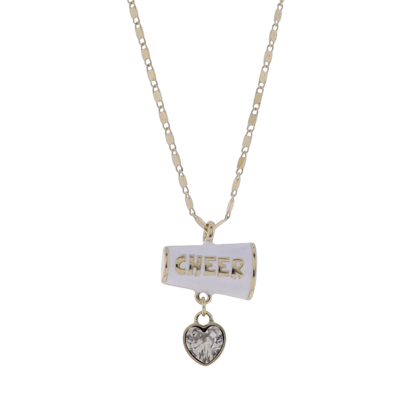 Kids Gold Flat Handmade Chain White "Cheer" Megaphone Necklace with Clear Crystal Heart