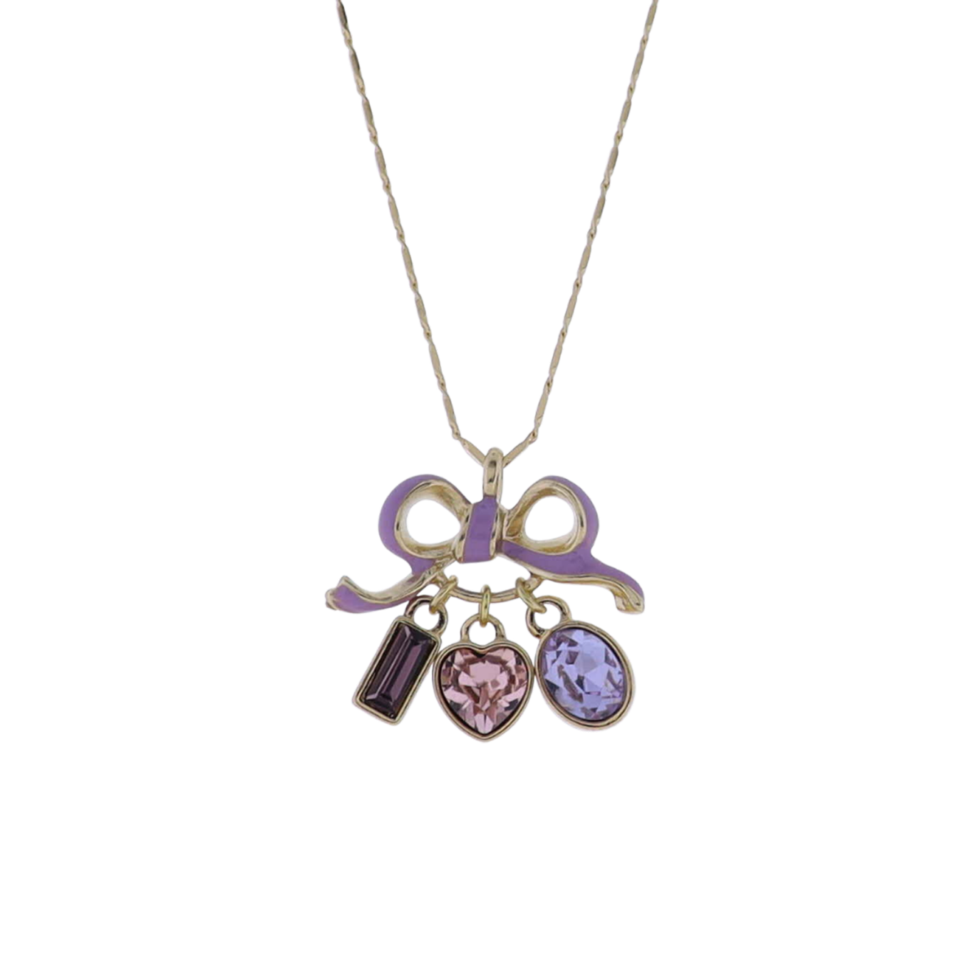 Kids Gold Flat Handmade Chain Lavender Bow Necklace with Pink, Lavender Crystals