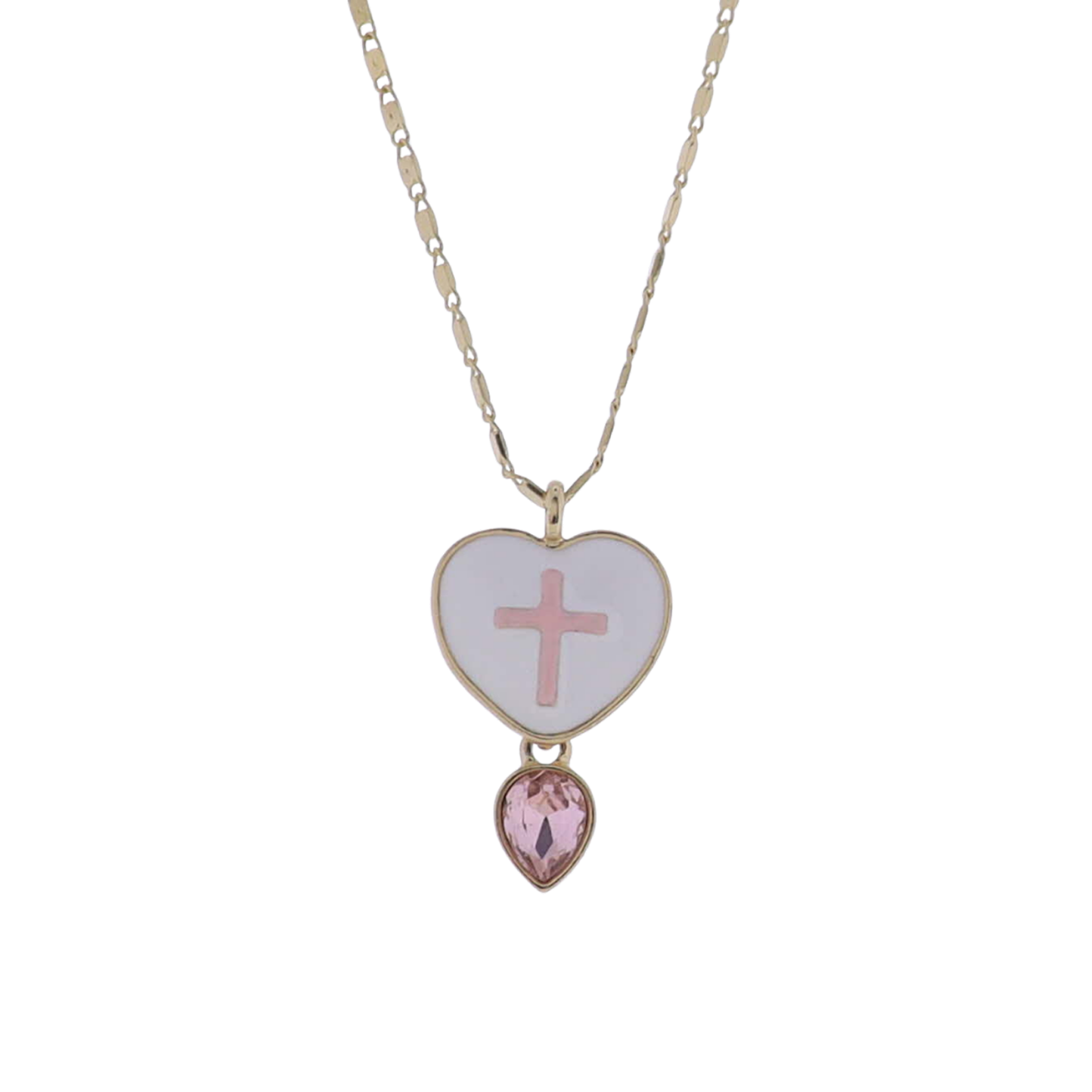 Kids Gold Flat Handmade Chain White Heart with Pink Cross Necklace with Pink Crystal