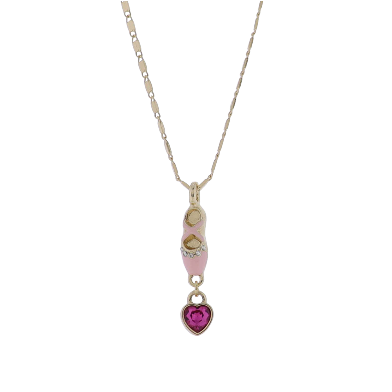 Kids Gold Flat Handmade Chain Pink Ballerina Shoe Necklace with Pink Crystal Heart
