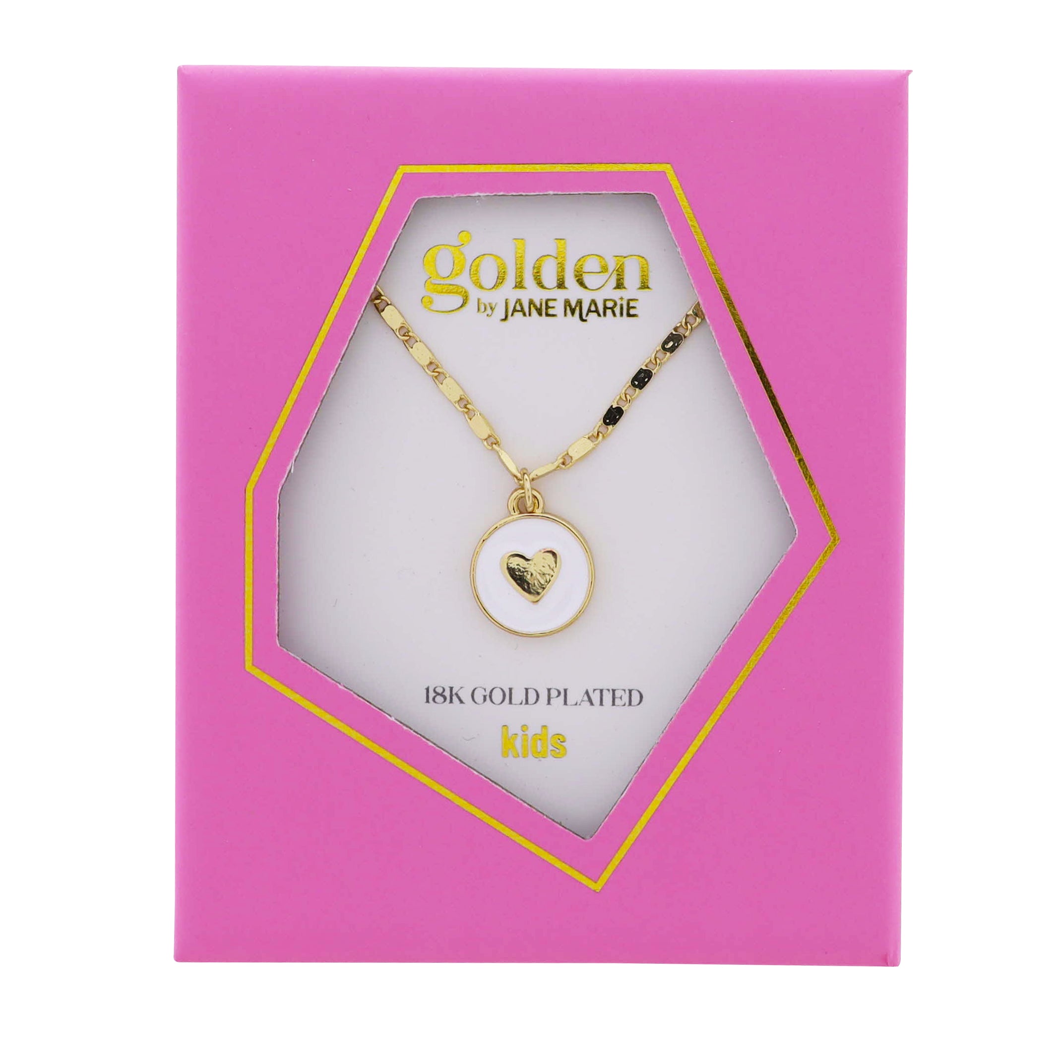 Kids 18k Gold Plated Flat Handmade Chain Necklace with White Enamel Circle with Gold Heart