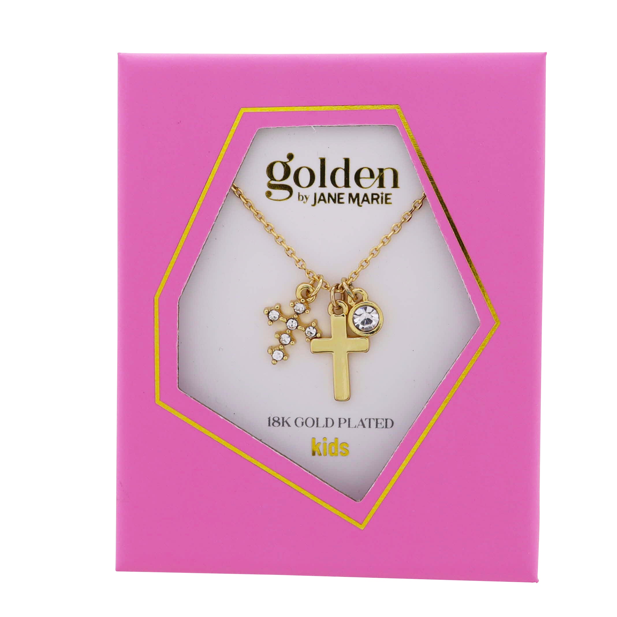 Kids 18k Gold Plated Cable Chain Necklace with Clear Crystal Cross, Gold Cross