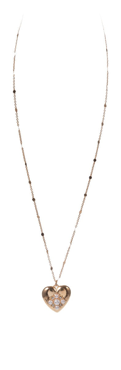 Gold Flat Dot Chain Necklace with Gold Heart with Pearl Accents