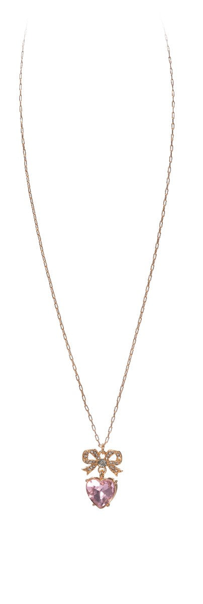Gold DK Chain Necklace Crystal Bow with Pink Crystal Heart