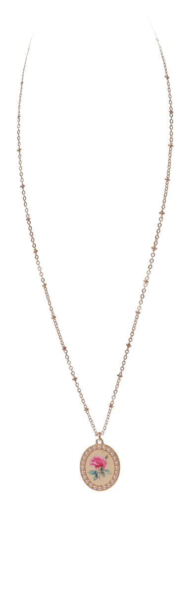 Gold Dot Chain Necklace Gold Oval with Pearl Edges & Rose