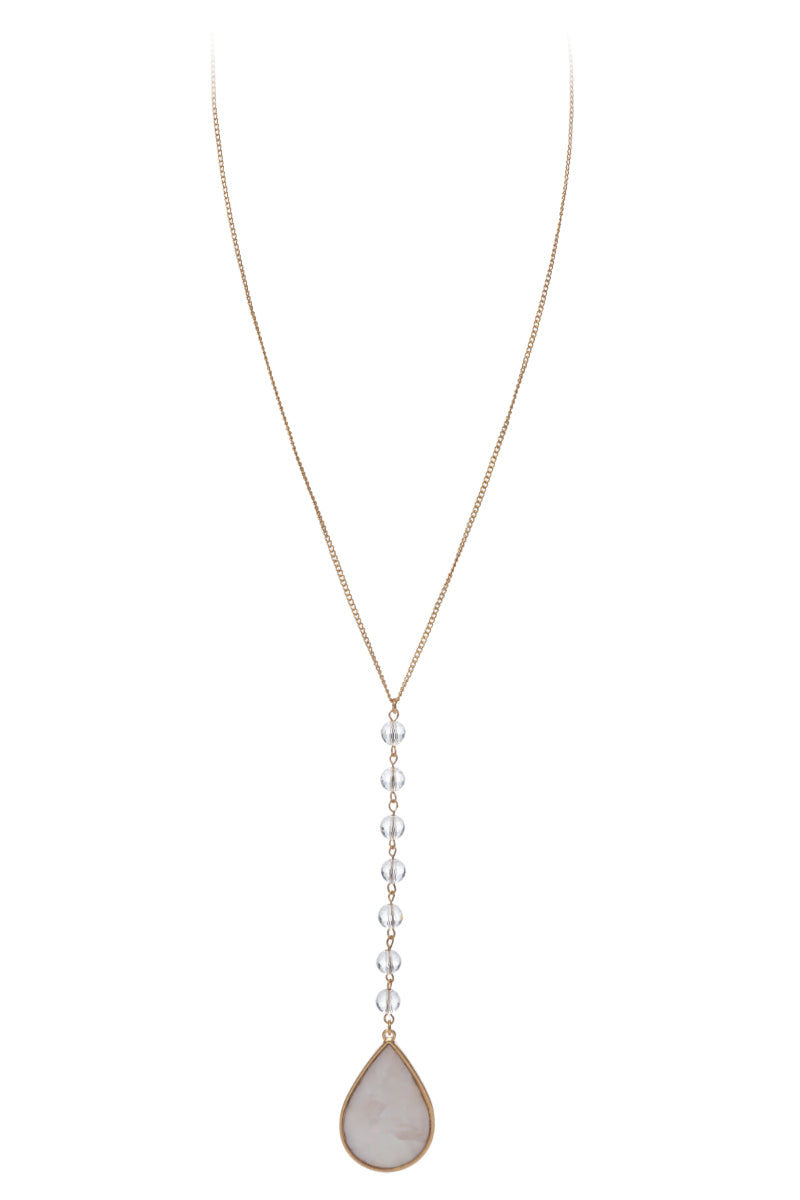 Gold Curb Chain Necklace with Shell Pearl Teardrop, Clear Crystal Y Drop