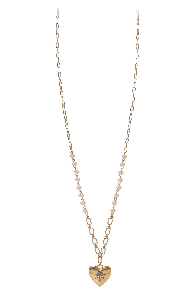Gold Paperclip Chain Necklace with Gold Heart with Center Crystal, Pink Faceted Accents