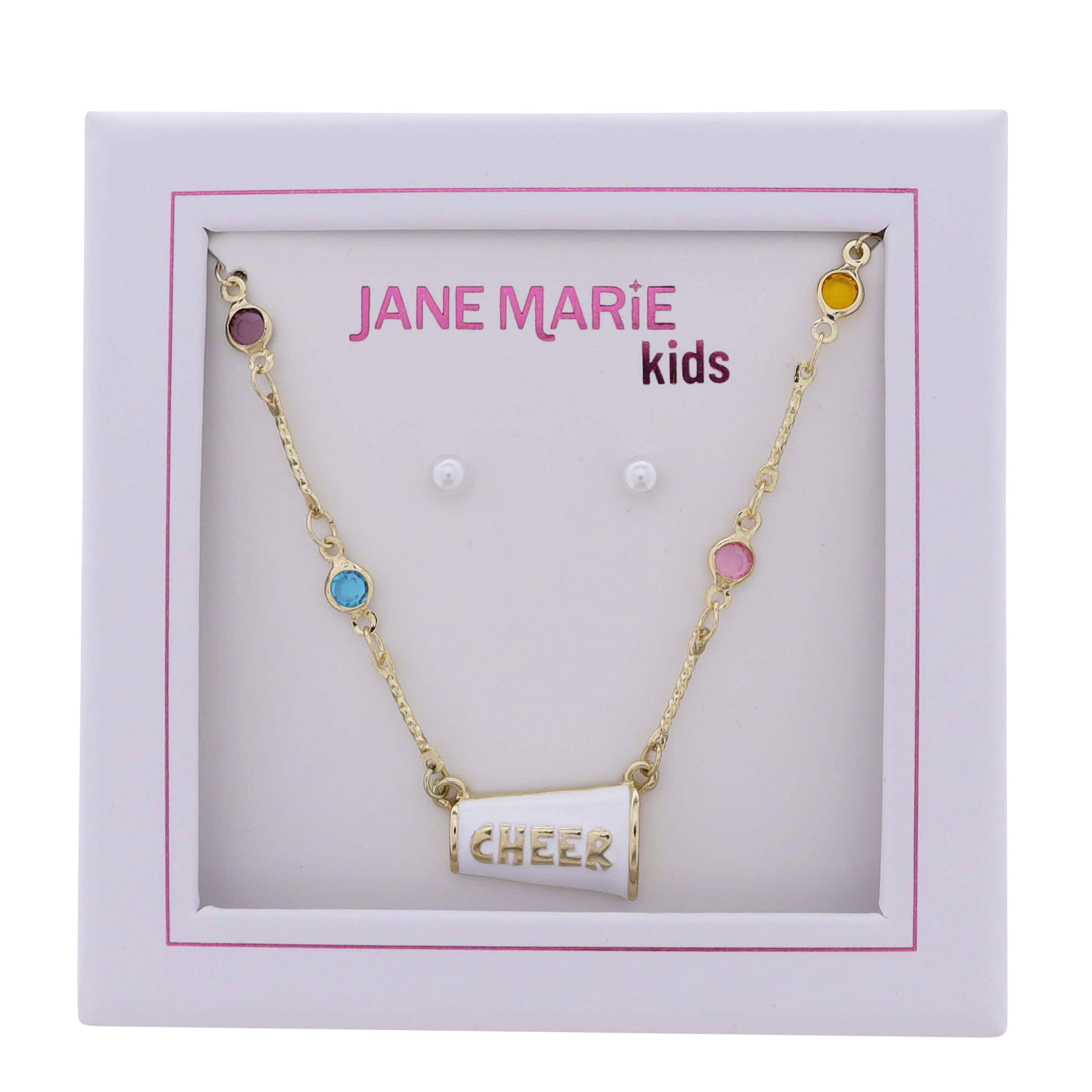 Kids Multi Crystal Station Chain Necklace with White Cheer Megaphone, Pink Crystal Studs