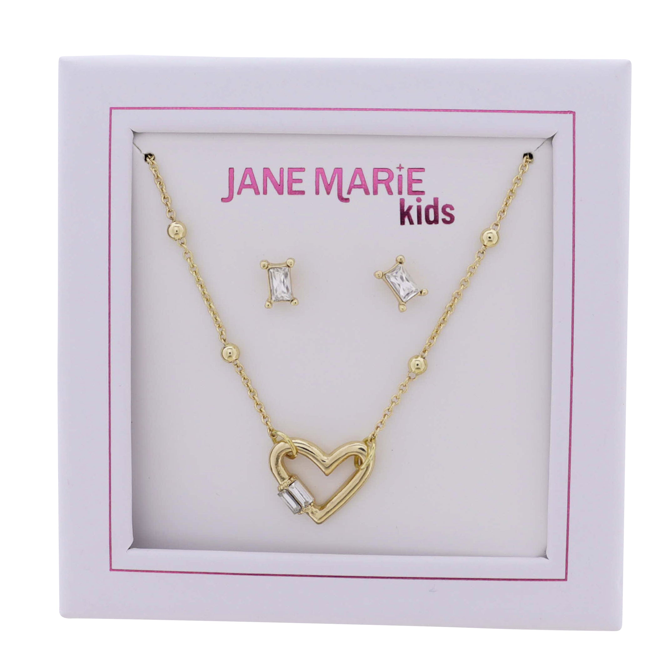 Kids Gold Ball Station Chain Necklace with Gold Heart, Clear Crystal Studs