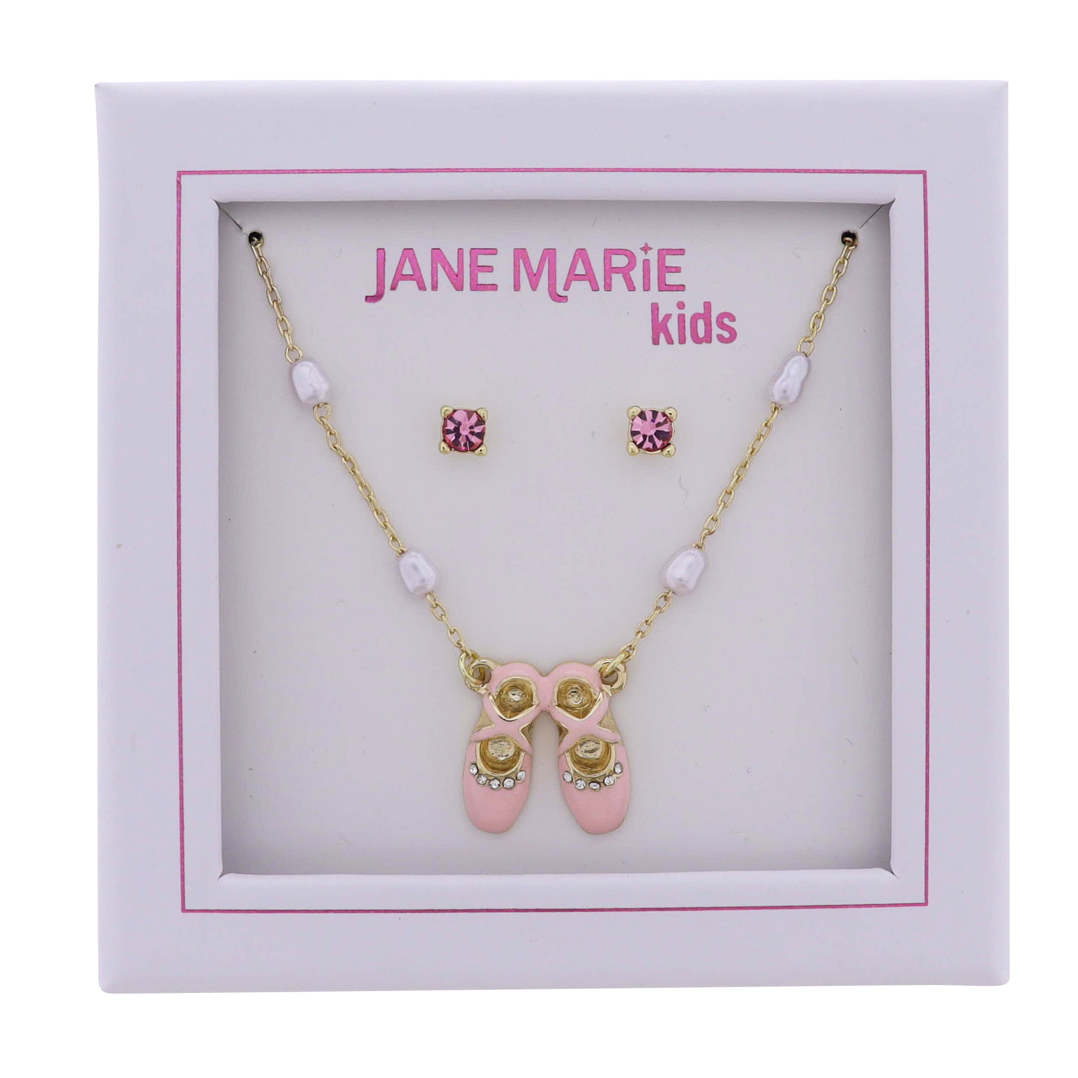 Kids White Pearl Station Chain Necklace with Pink Ballet Slippers, Pink Crystal Studs