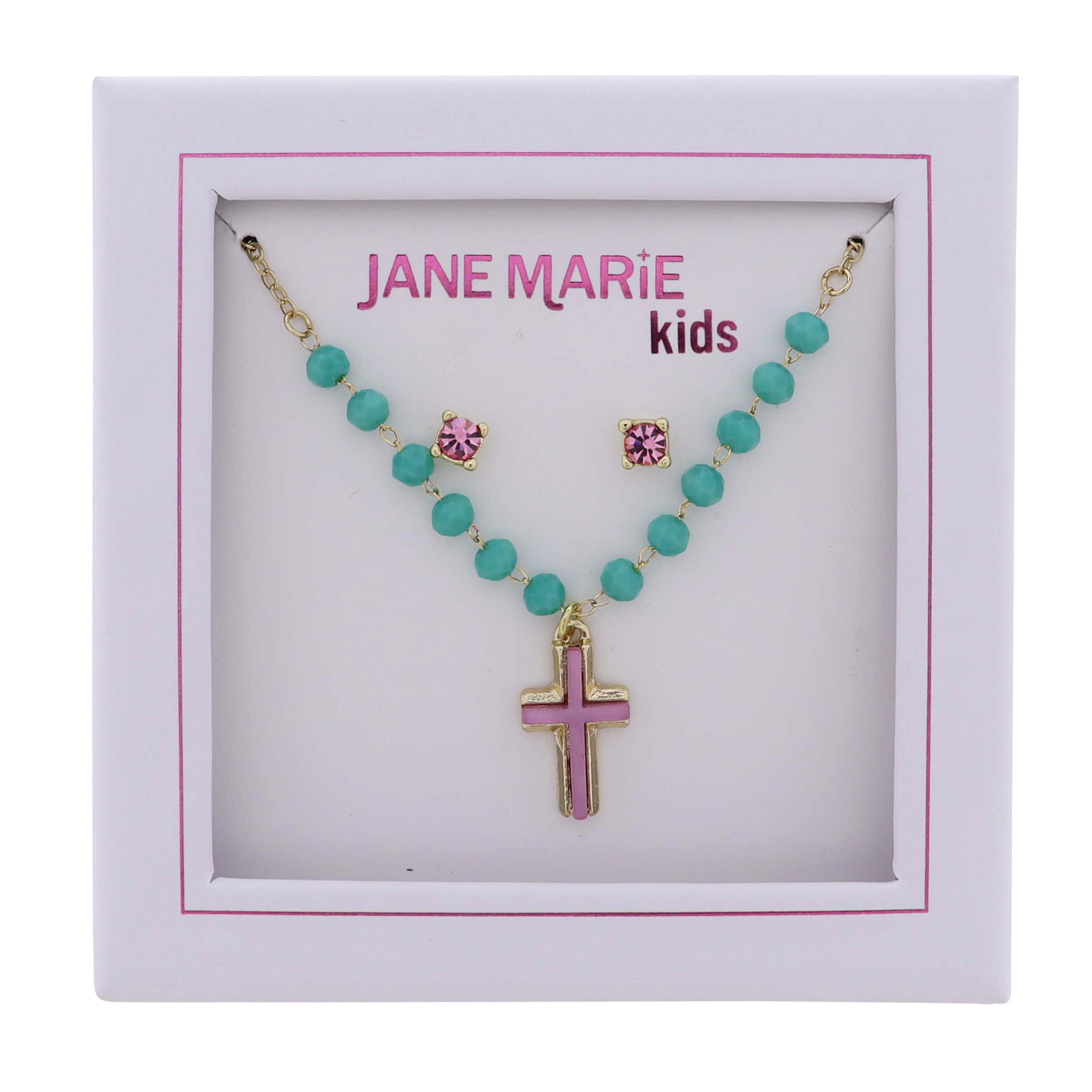 Kids White Faceted Chain Necklace with Purple Cross, Purple Crystal Studs