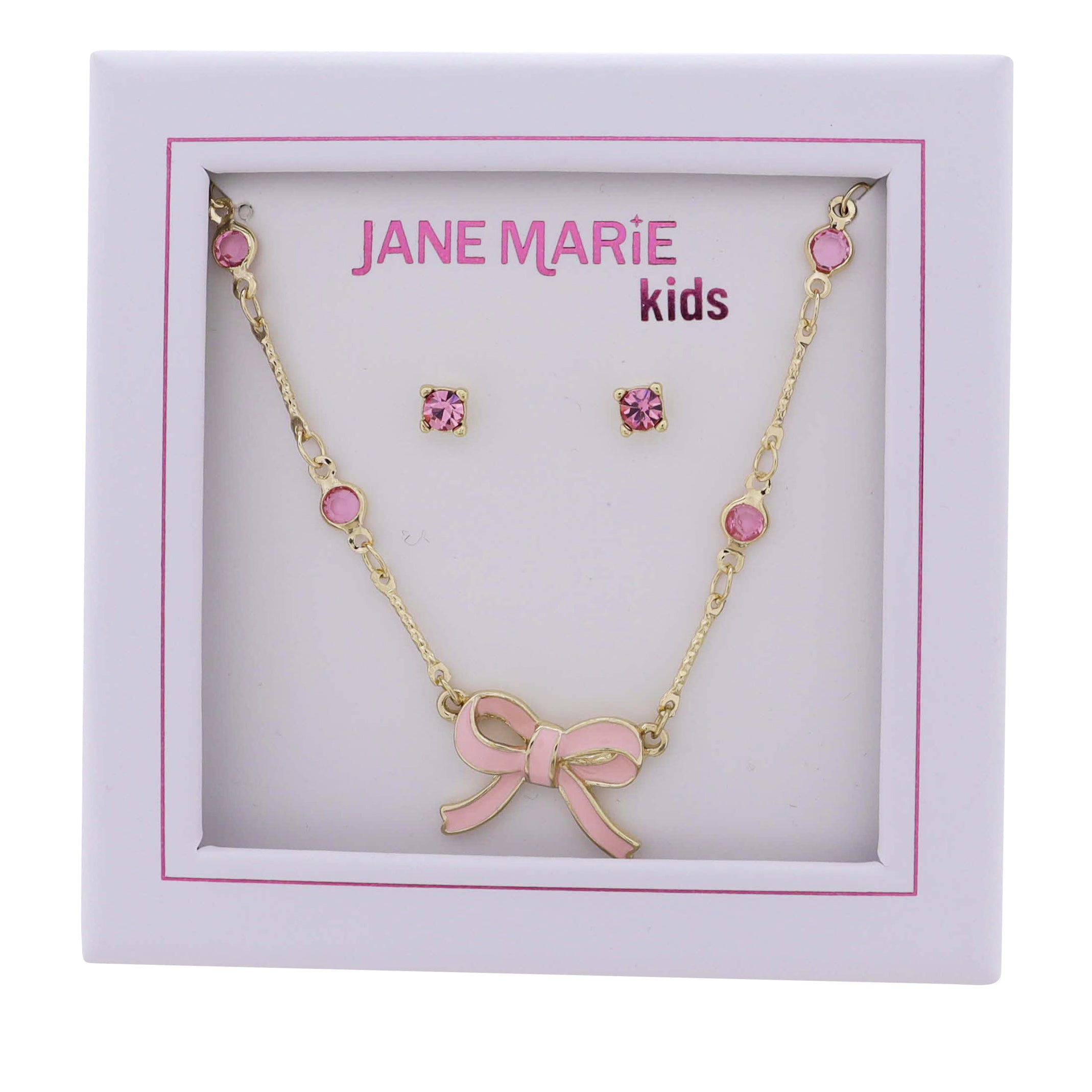 Kids Pink Crystal Station Chain Necklace with Pink Bow, Pink Crystal Studs