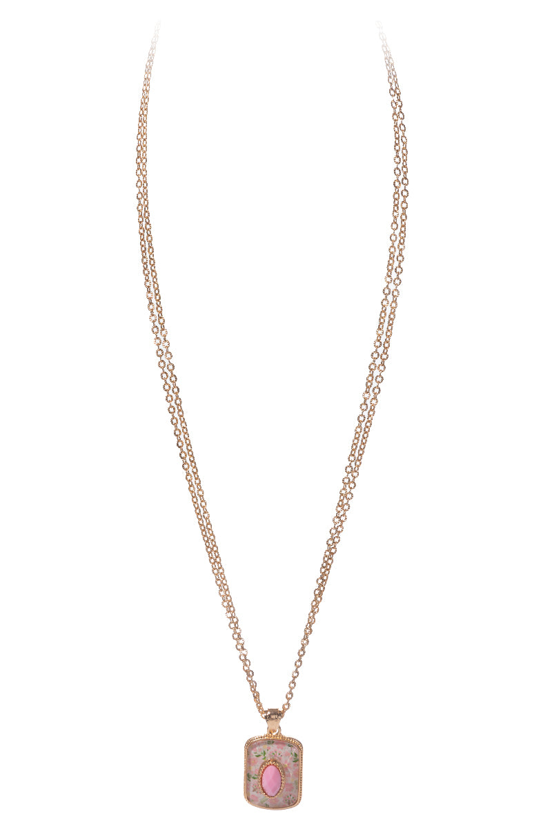 Gold Double Chain Necklace with Pink Floral Rectangle & Baby Pink Center Stone