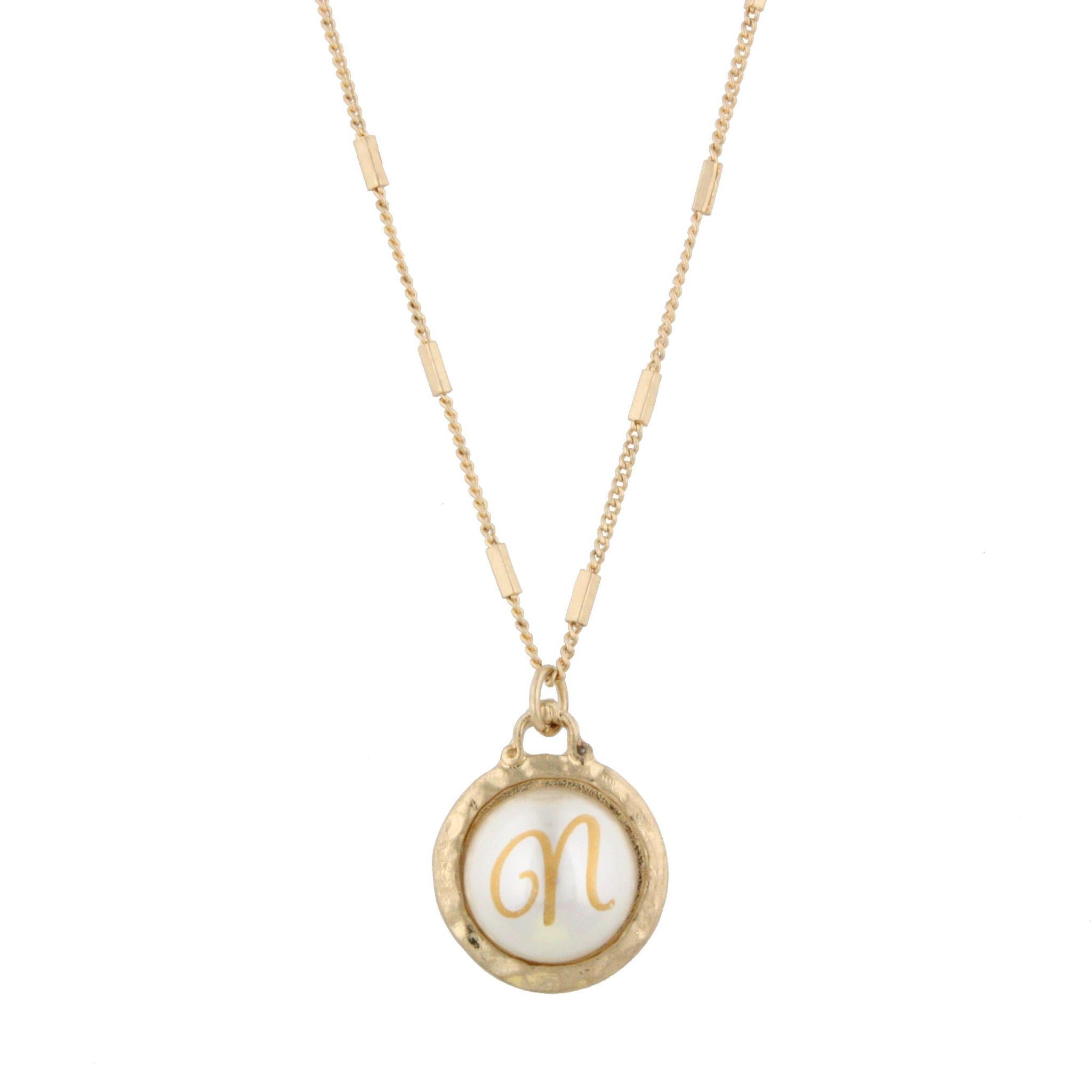 16" Gold Chain Necklace with Pearl Cabochan N Initial, 3" Ext