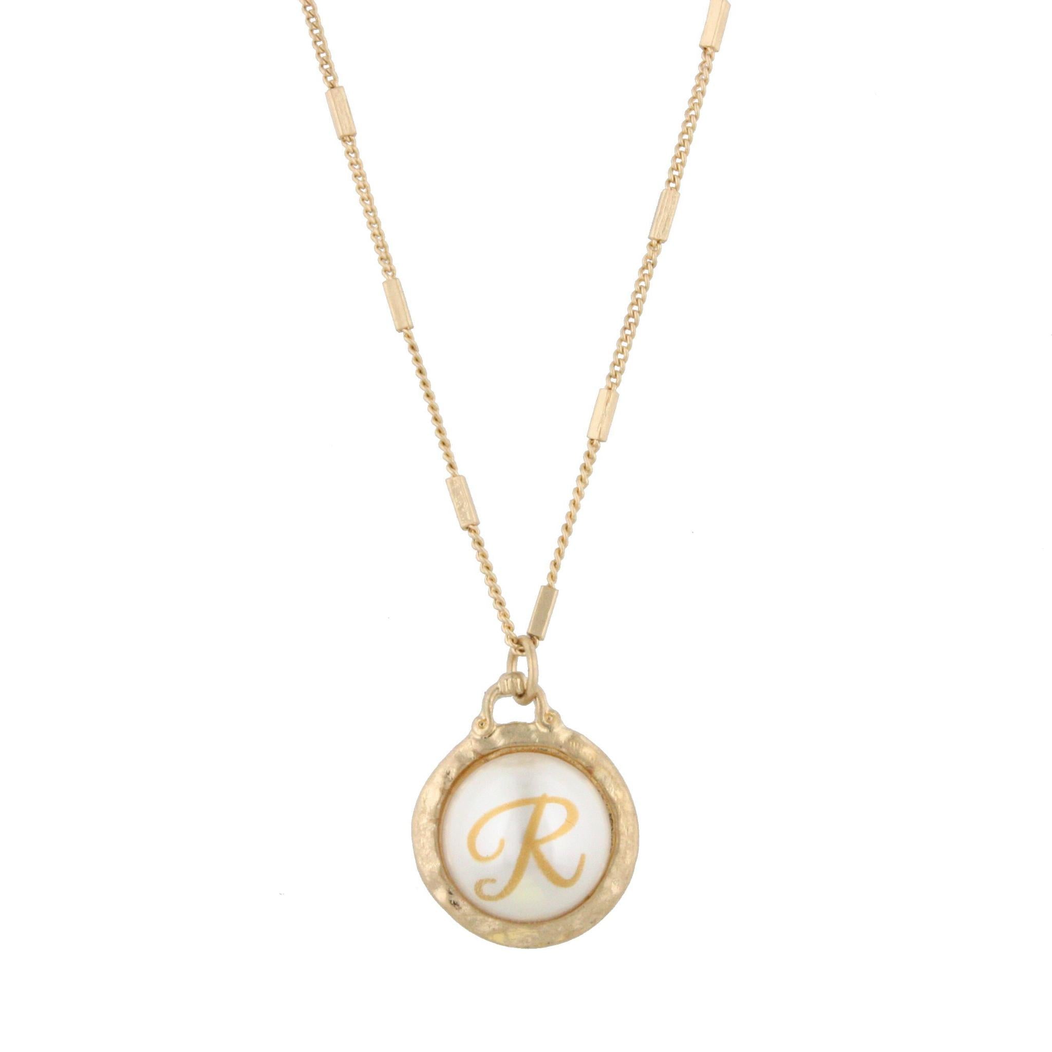 16" Gold Chain Necklace with Pearl Cabochan R Initial, 3" Ext