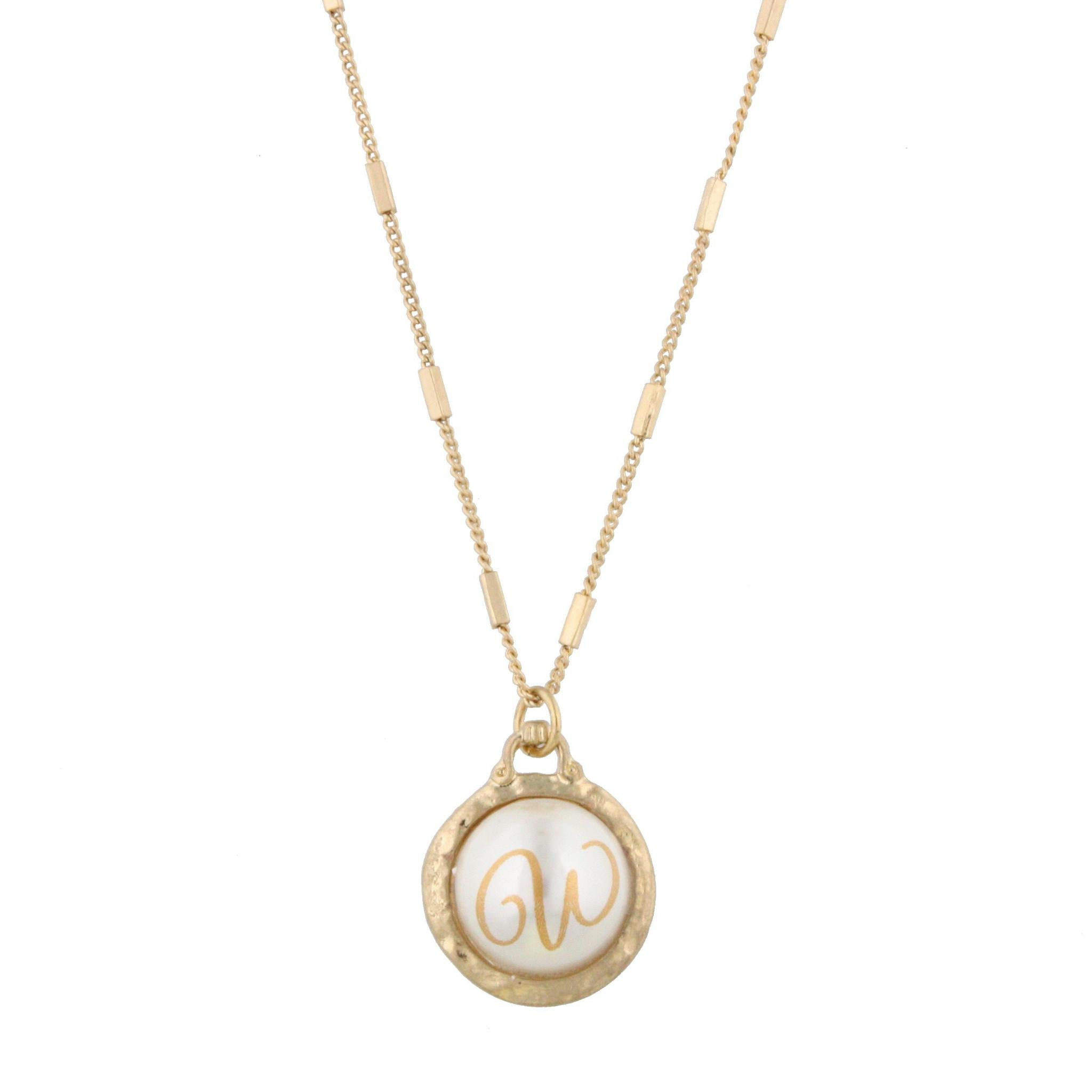 16" Gold Chain Necklace with Pearl Cabochan W Initial, 3" Ext