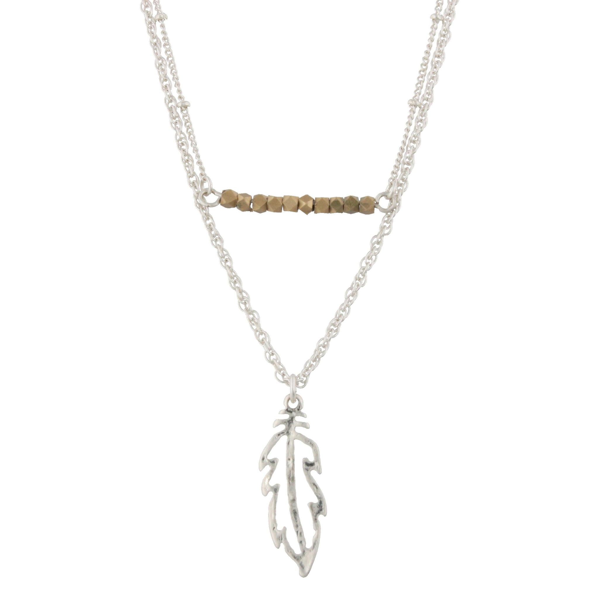 18" Silver Double Bar Necklace -Feather, 3" Ext