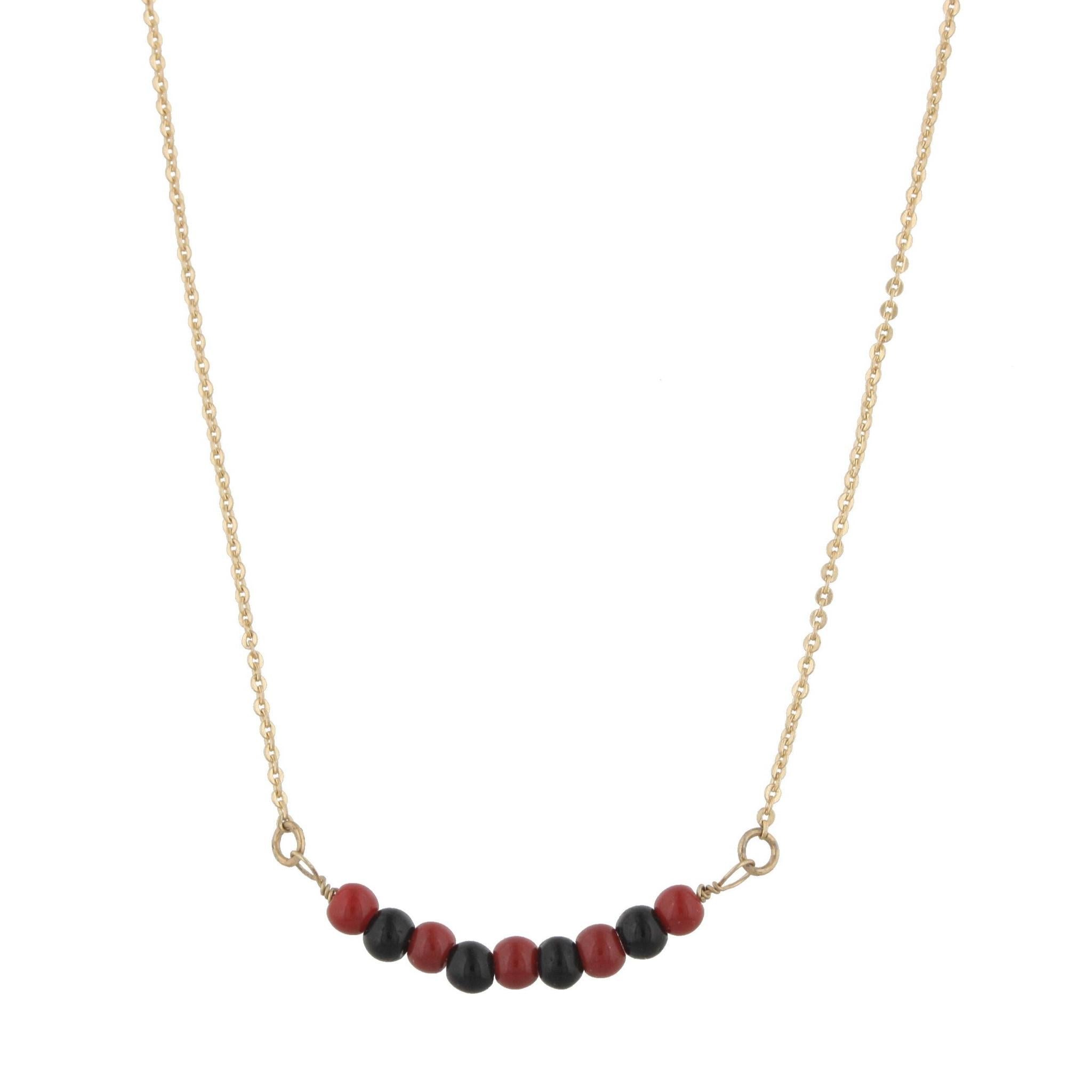 16" Gold Necklace with Alternating Garnet/Black Beads, 3" Ext