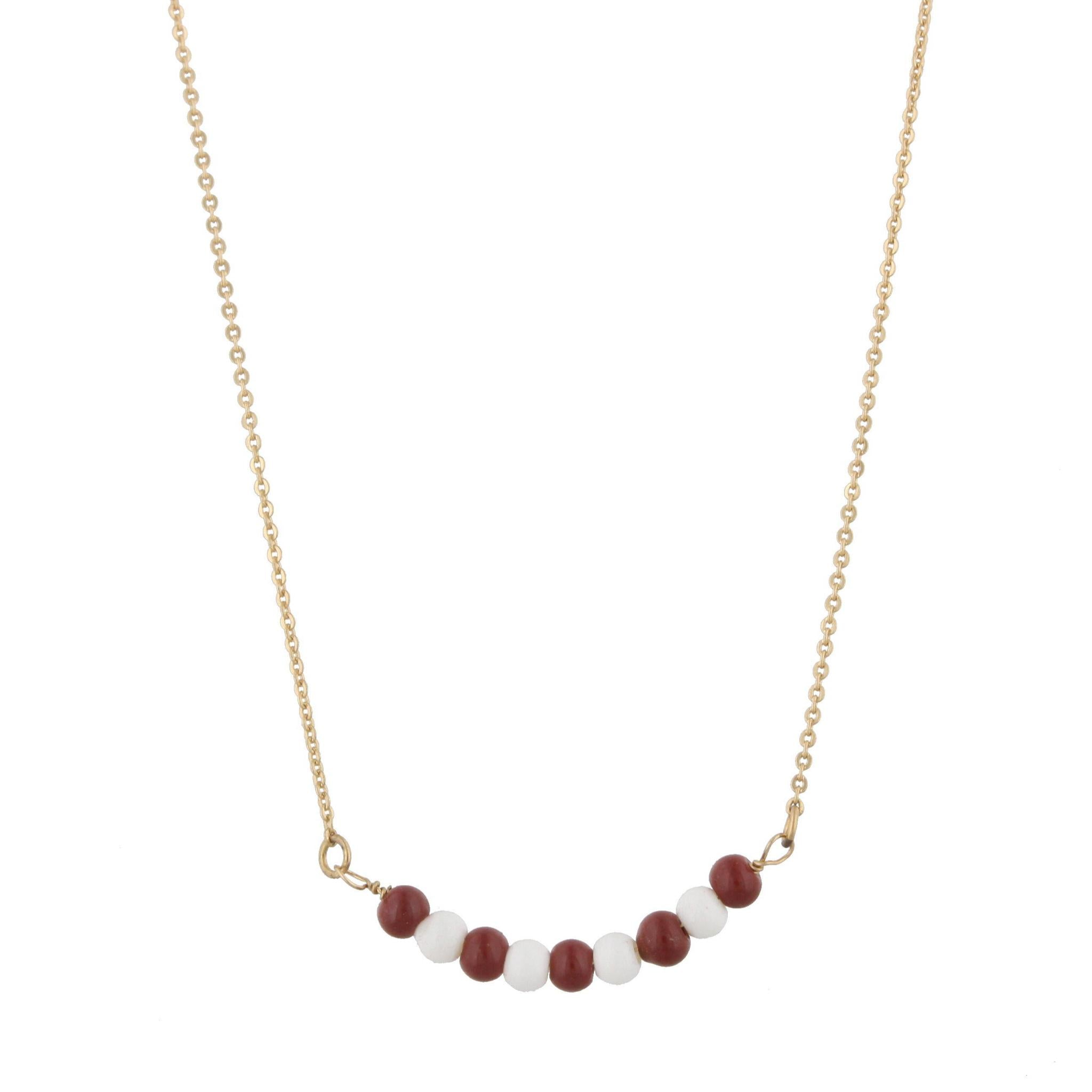 16" Gold Necklace with Alternating Maroon/White Beads, 3" Ext