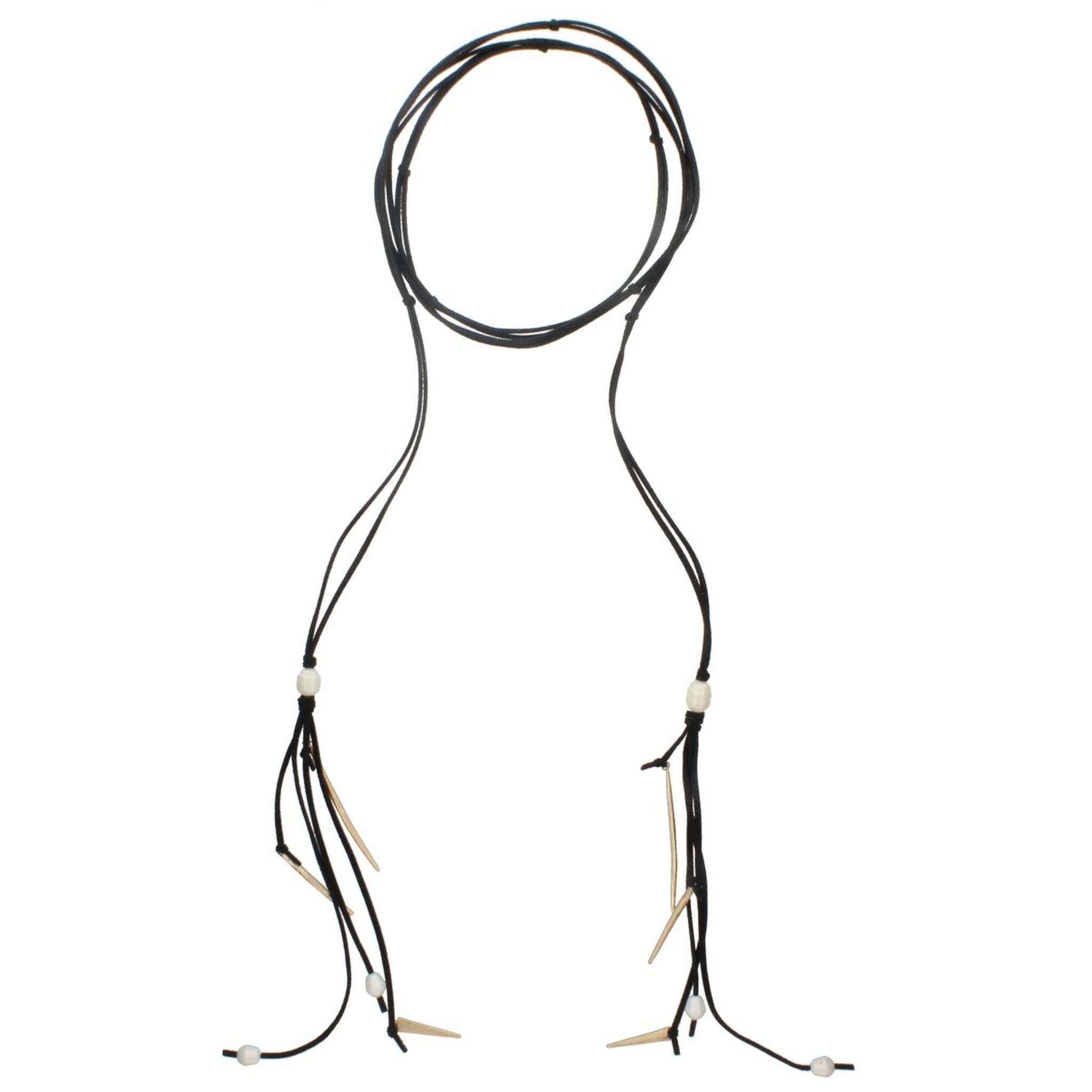 82' Dual Black Leather Wrap Choker with Pearl And Spear Tassel Ends Necklace