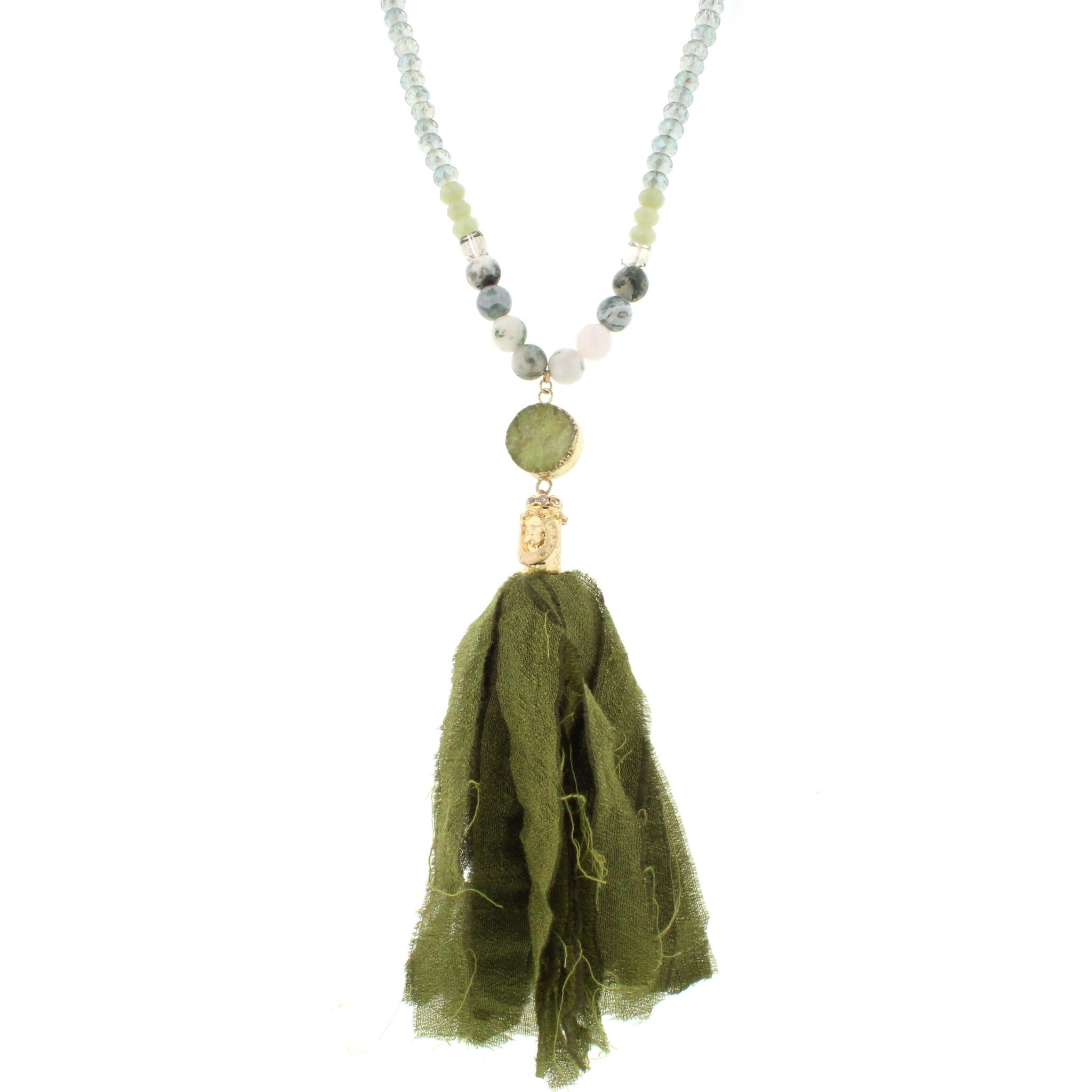 32" Green Beaded Necklace with Circle Green Druzy and Green Fabric Tassel, 3" Ext