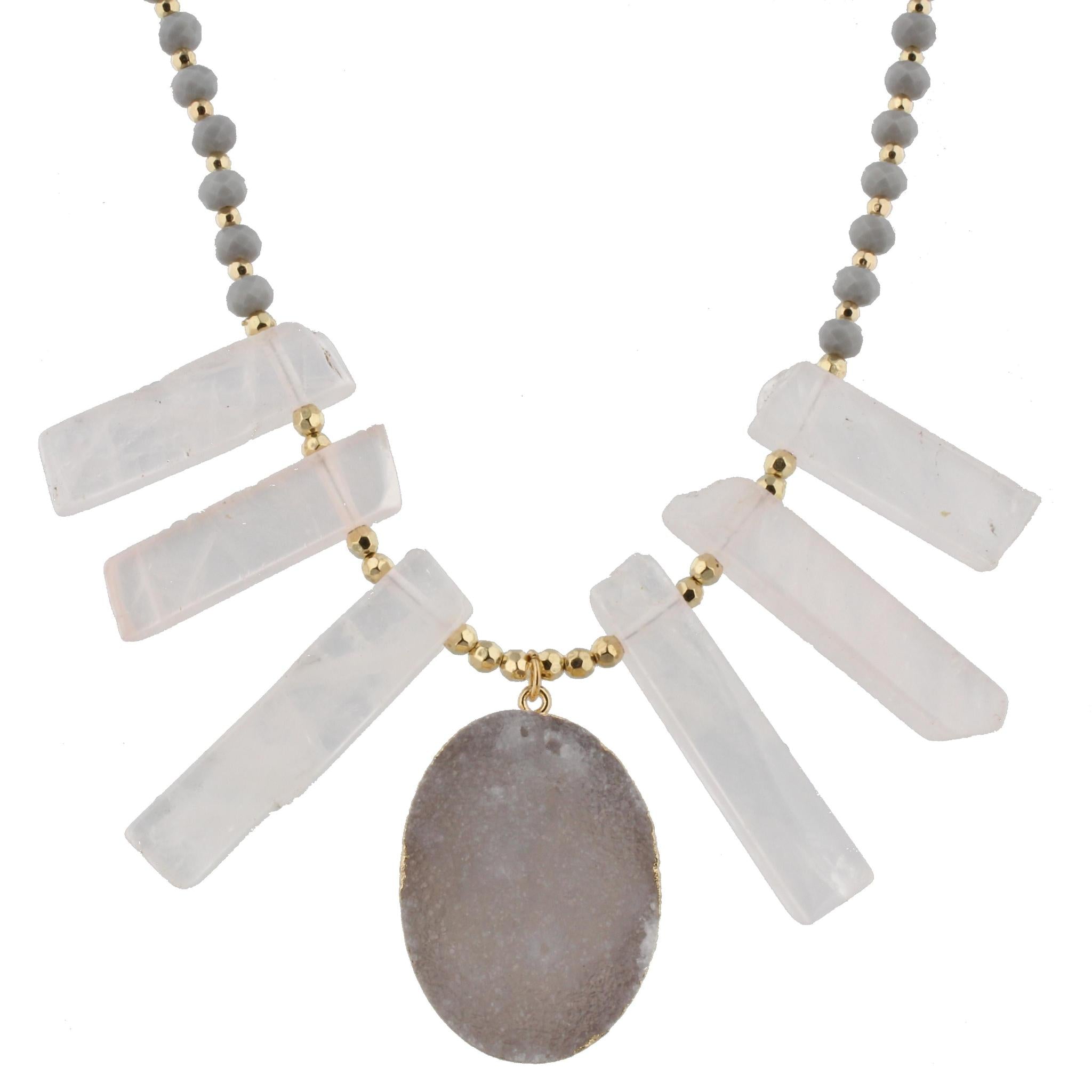 18" Pink Stone Bib Necklace with Grey Body and White Druzy Pendant, 3" Ext