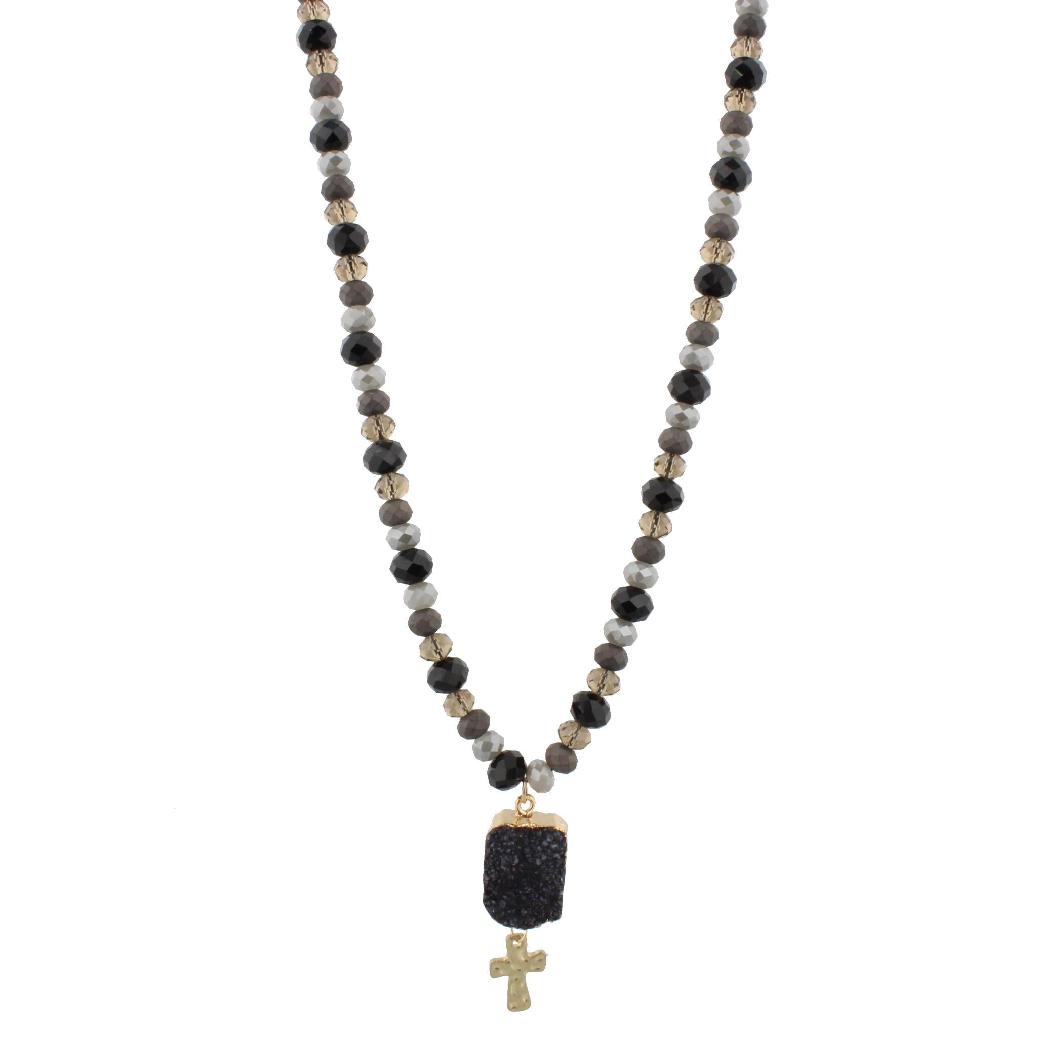 30" Half Beaded, Jet, Grey, Black Diamond Necklace with Jet Druzy Pendant & Cross, 3" Ext
