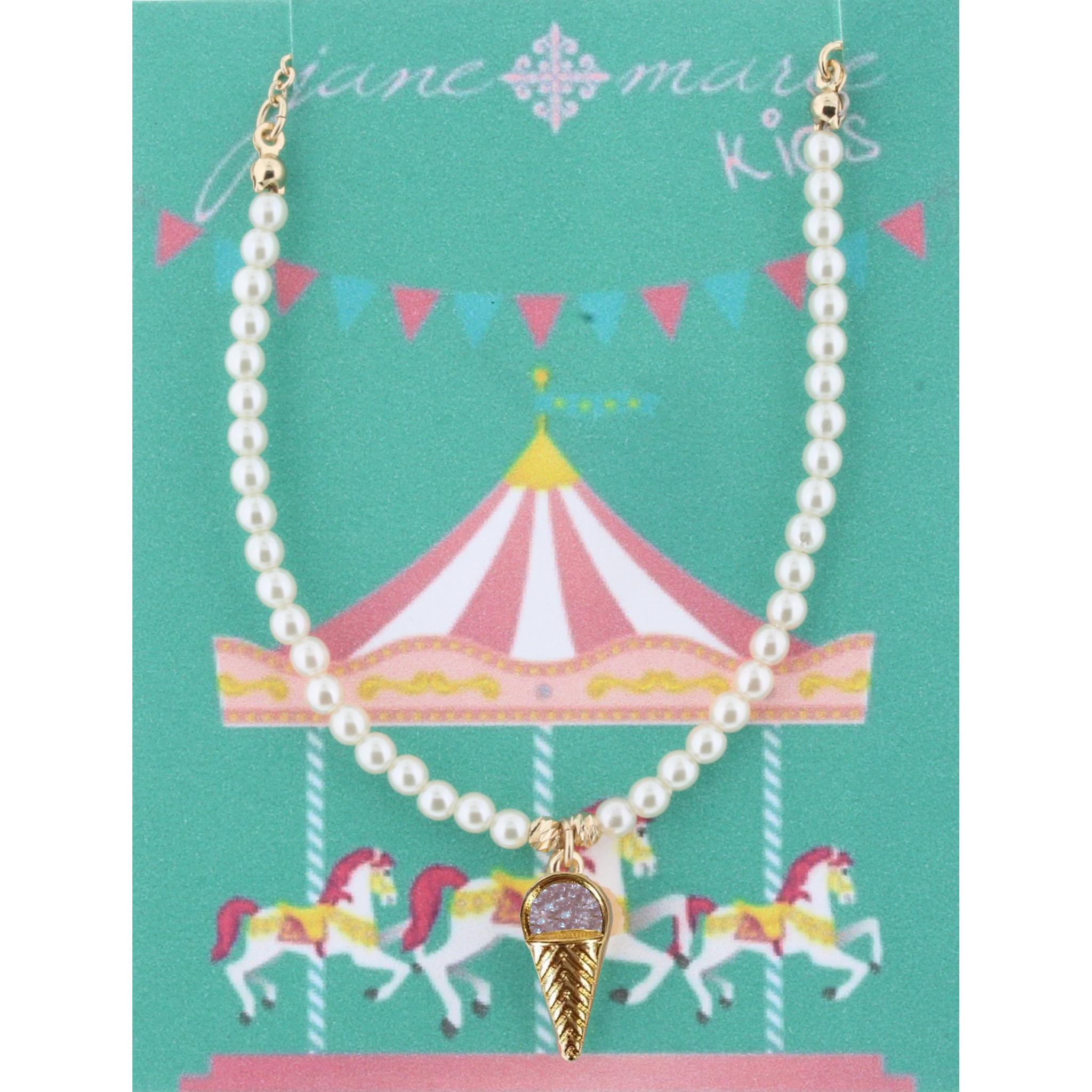 14" Kids Partial Pearl Beaded Necklace with Purple IceCream Cone Druzy Icon, 2"Ext