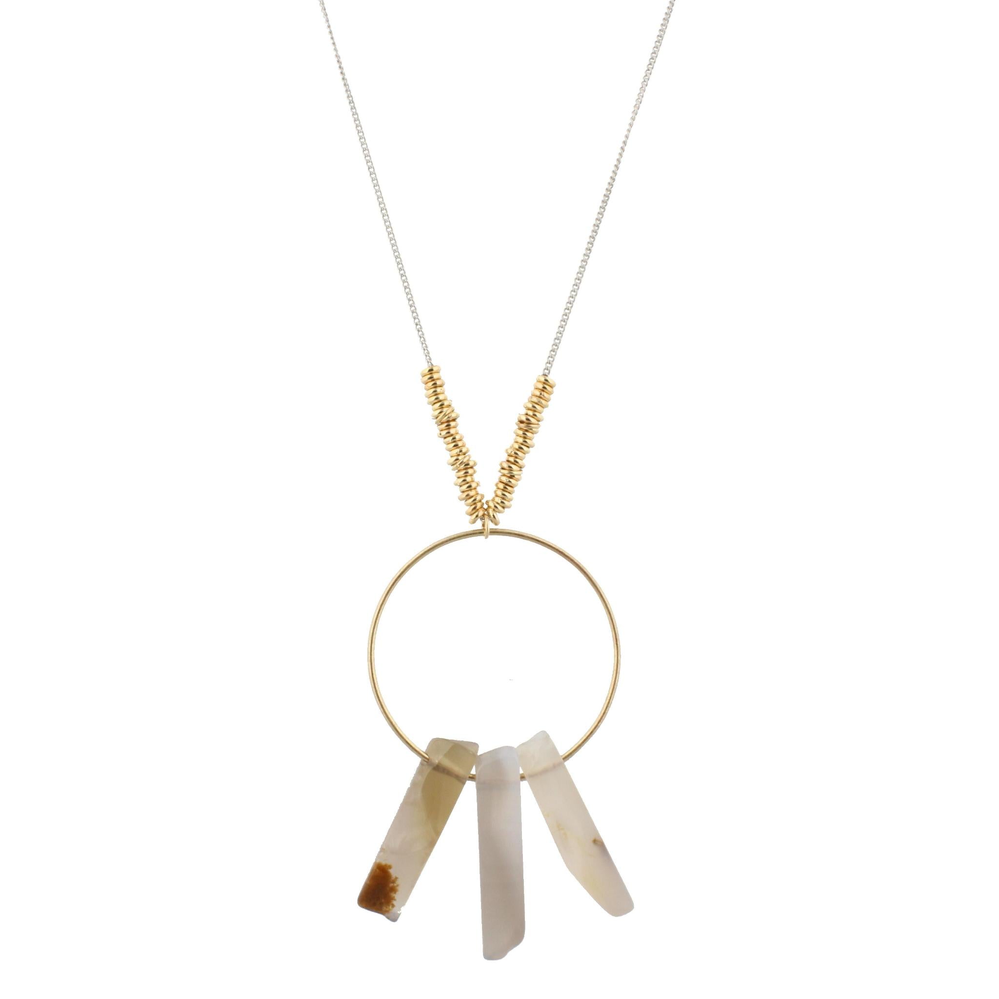 32" Grey Stone Spikes on Gold Hoop on Gold Chain Necklace, 3" Ext