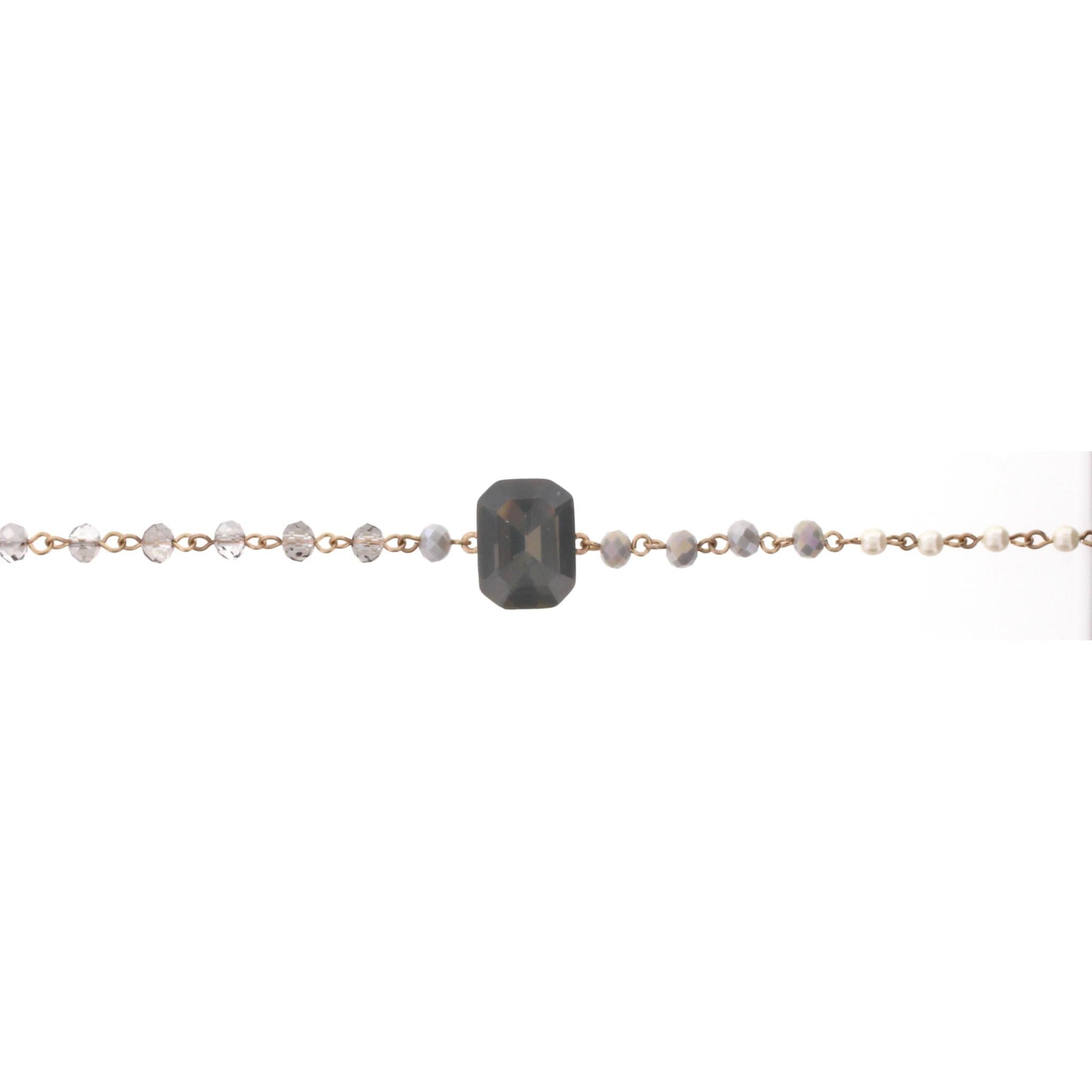 14" Pearl, Grey & BD Linked Body Choker Necklace with Grey Square Rhinestone, 3" Ext