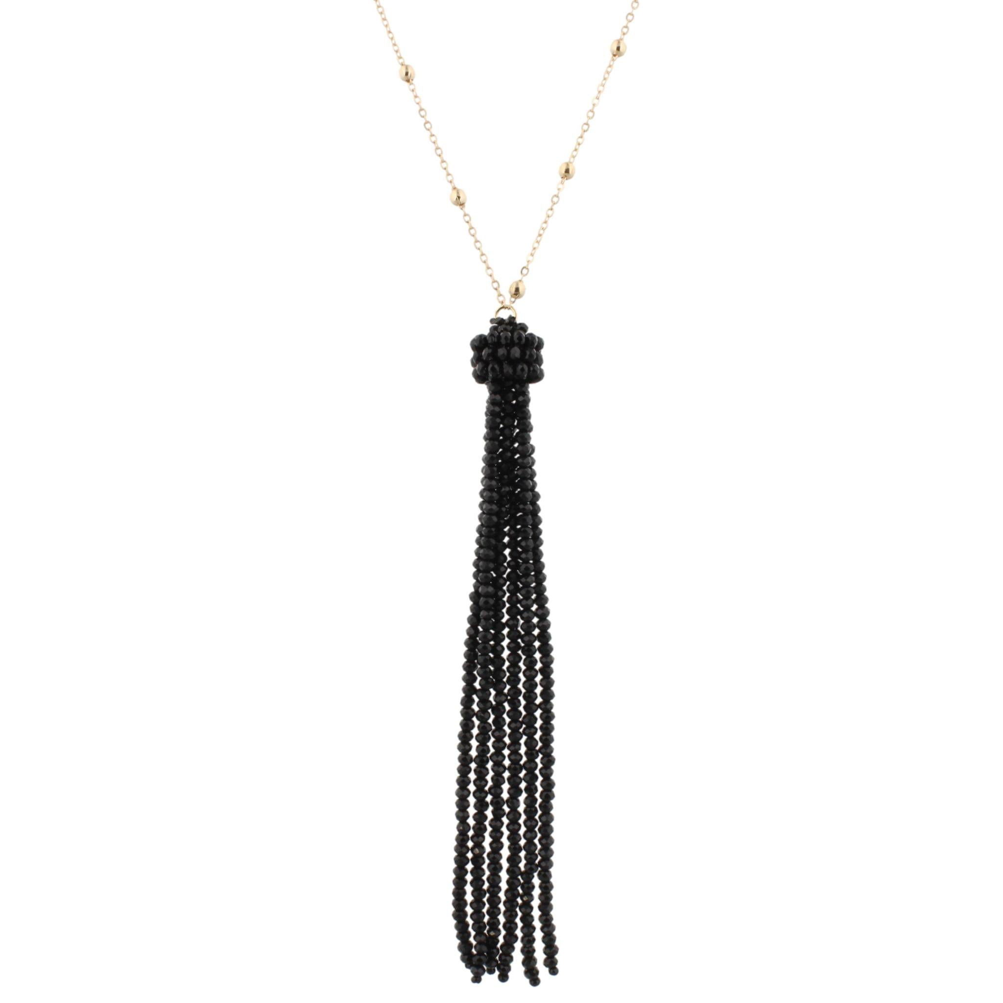 38" Gold Chain Necklace with Jet Beaded Tassel, 3" Ext