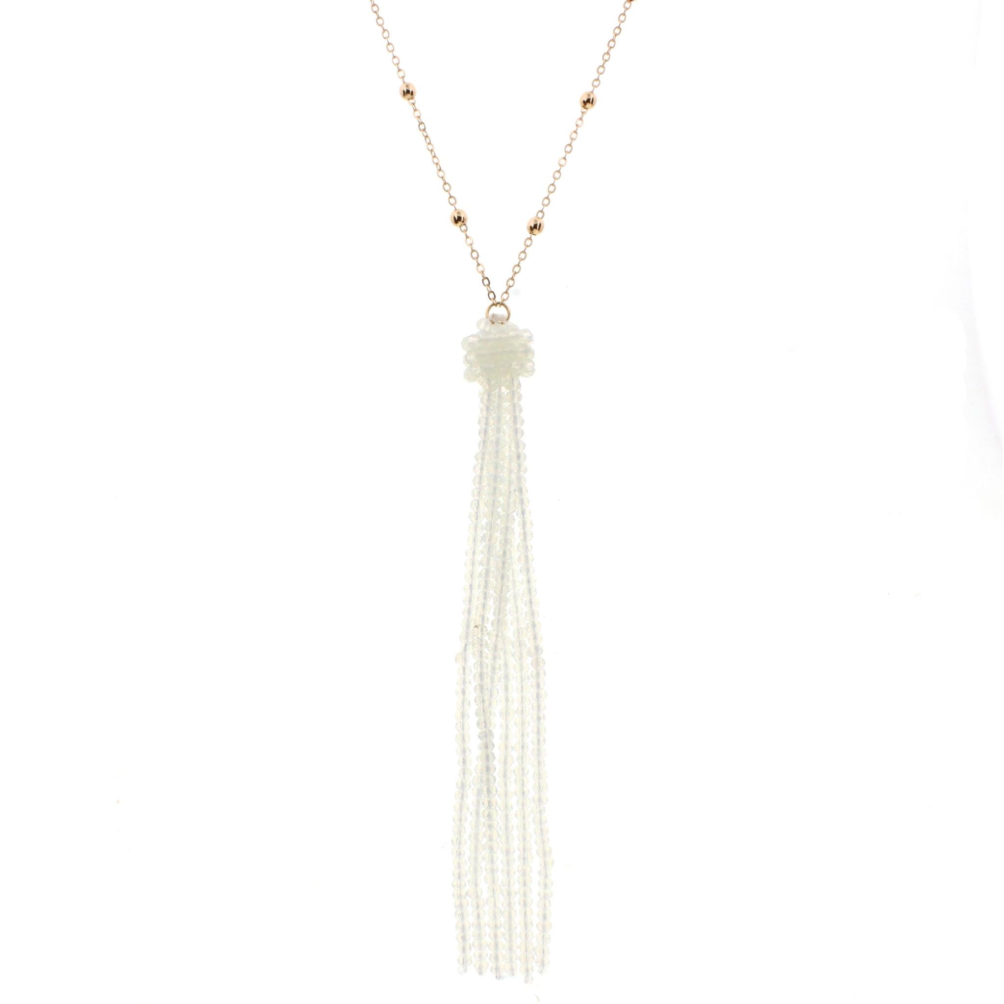 38" Gold Chain Necklace with Opal Beaded Tassel, 3" Ext