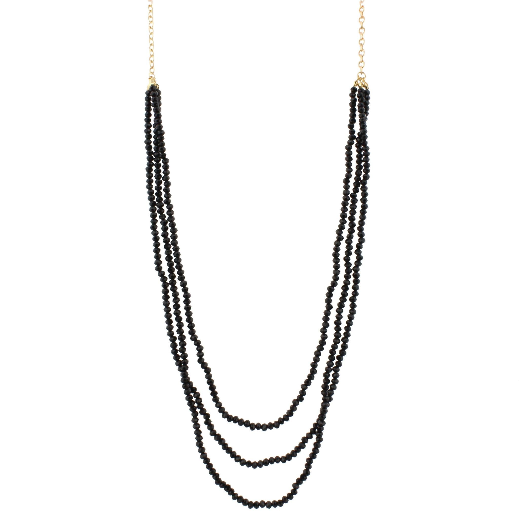 32" Jet Beaded 3 Strand Layered Necklace, 3" Ext