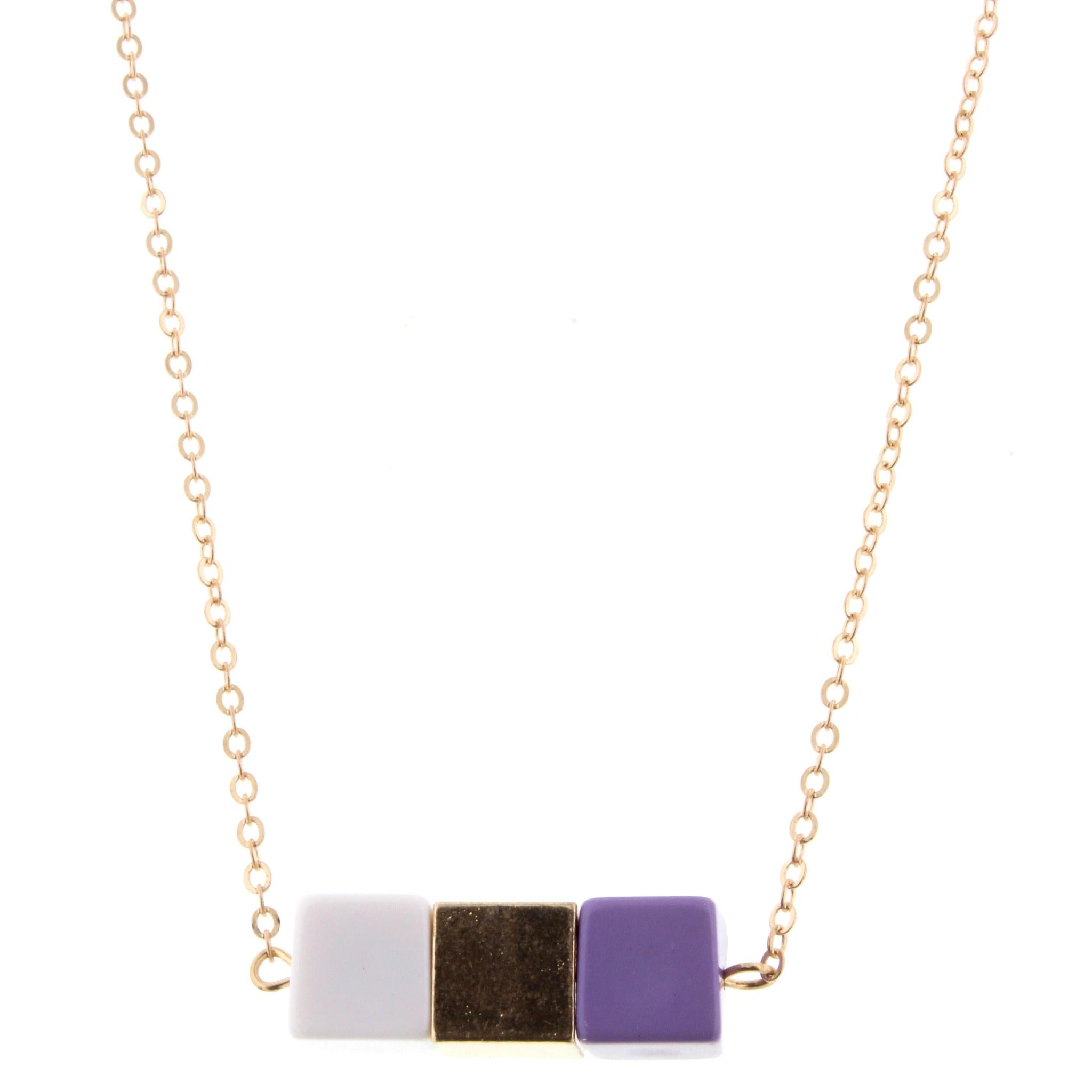 14" Kids Gold Chain Necklace with White, Gold and Purple Color Blocks, 3" Ext