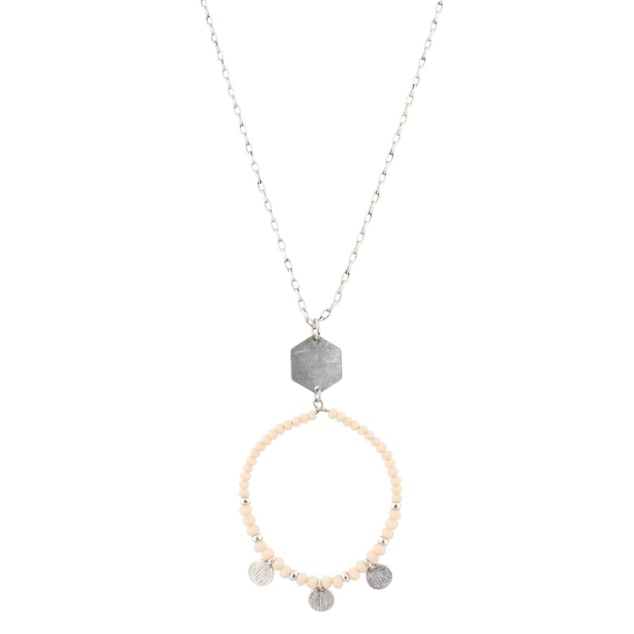 32" Silver Chain Necklace with Pale Pink Beaded Hoop with Circle Disks, 3" Ext