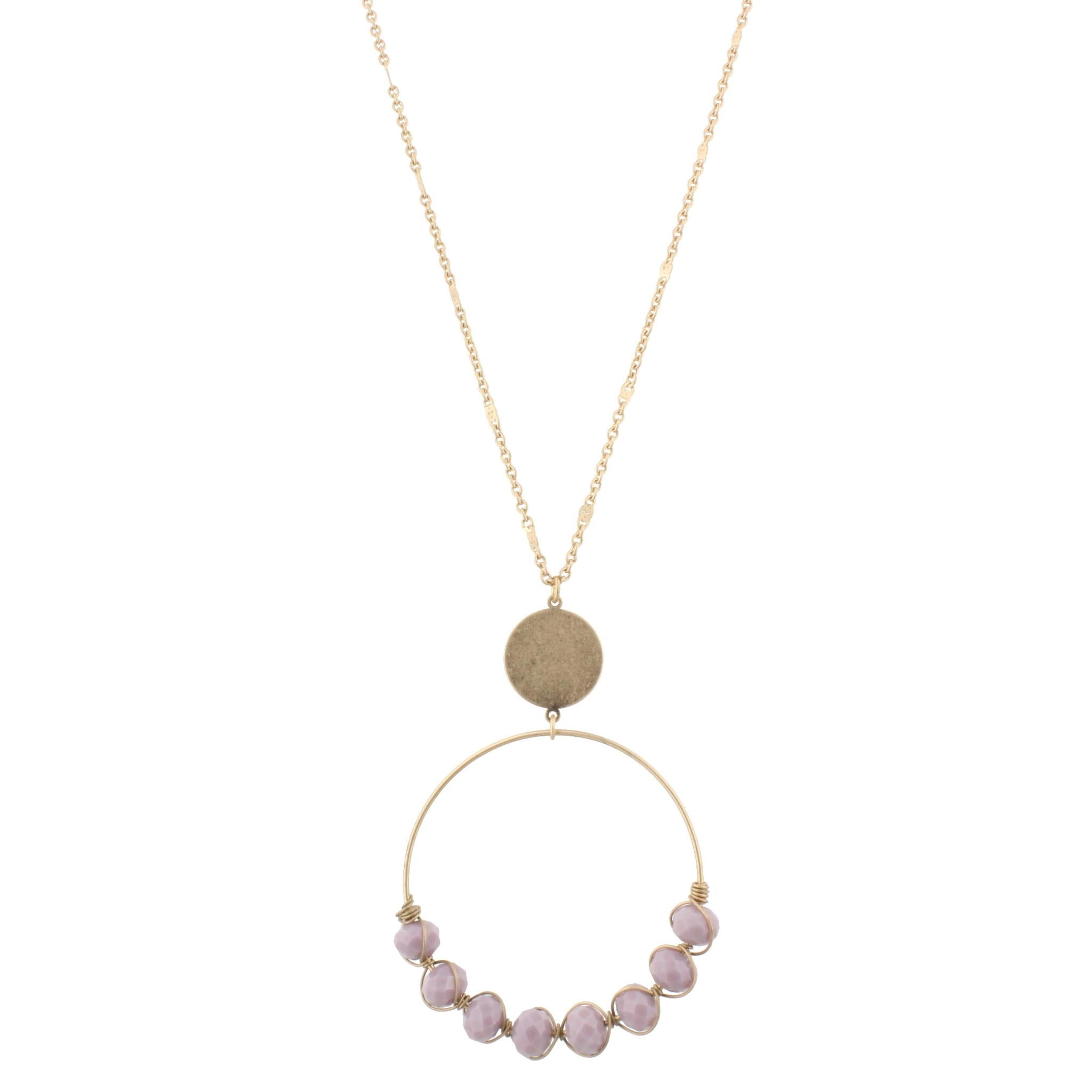 32" Gold Chain Necklace with Gold Wire Wrapped Purple Beaded Circle, 3" Ext