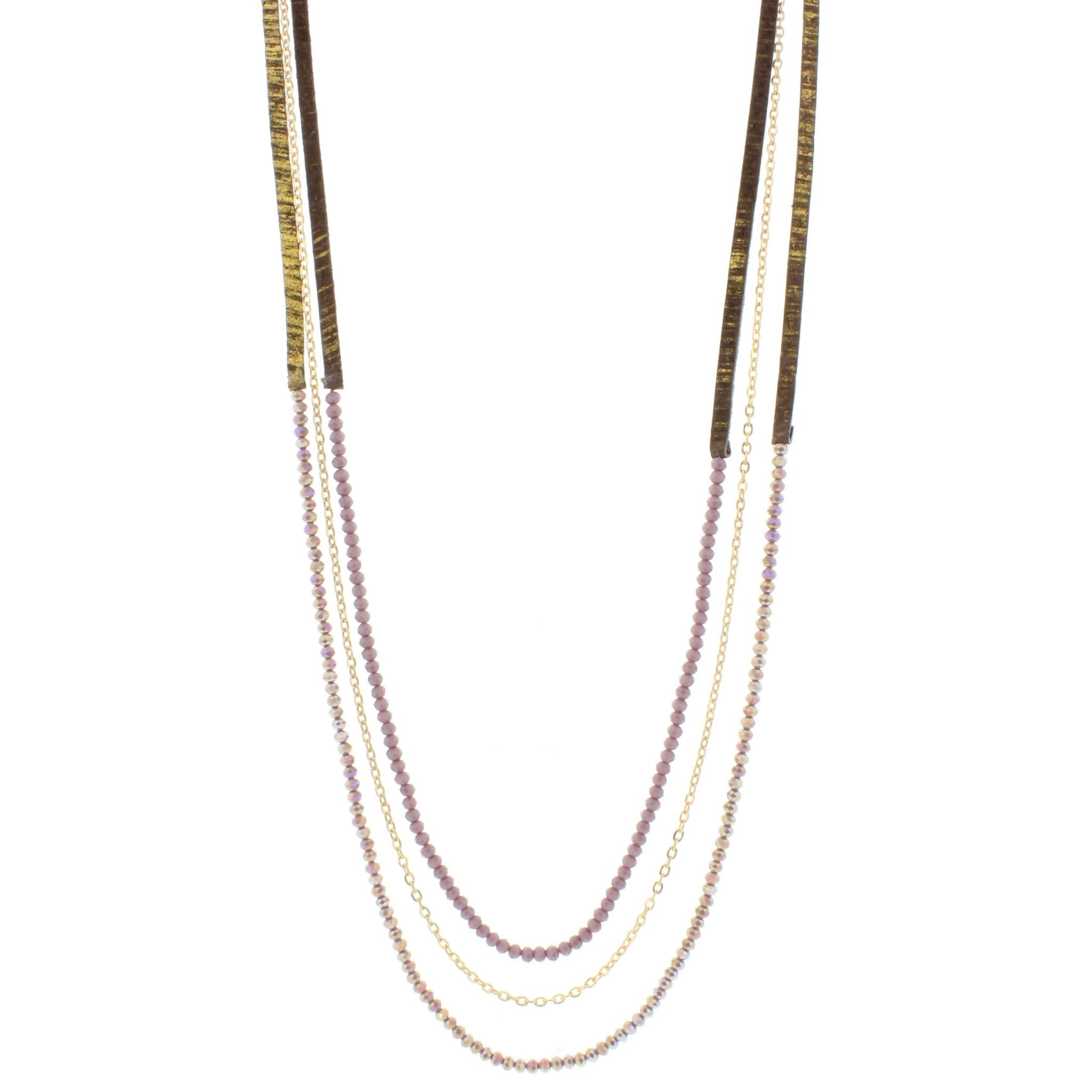38" 3 Layer Hand Painted Gold Fleck Leather Necklace with Purple Beaded Strands, 3" Ext