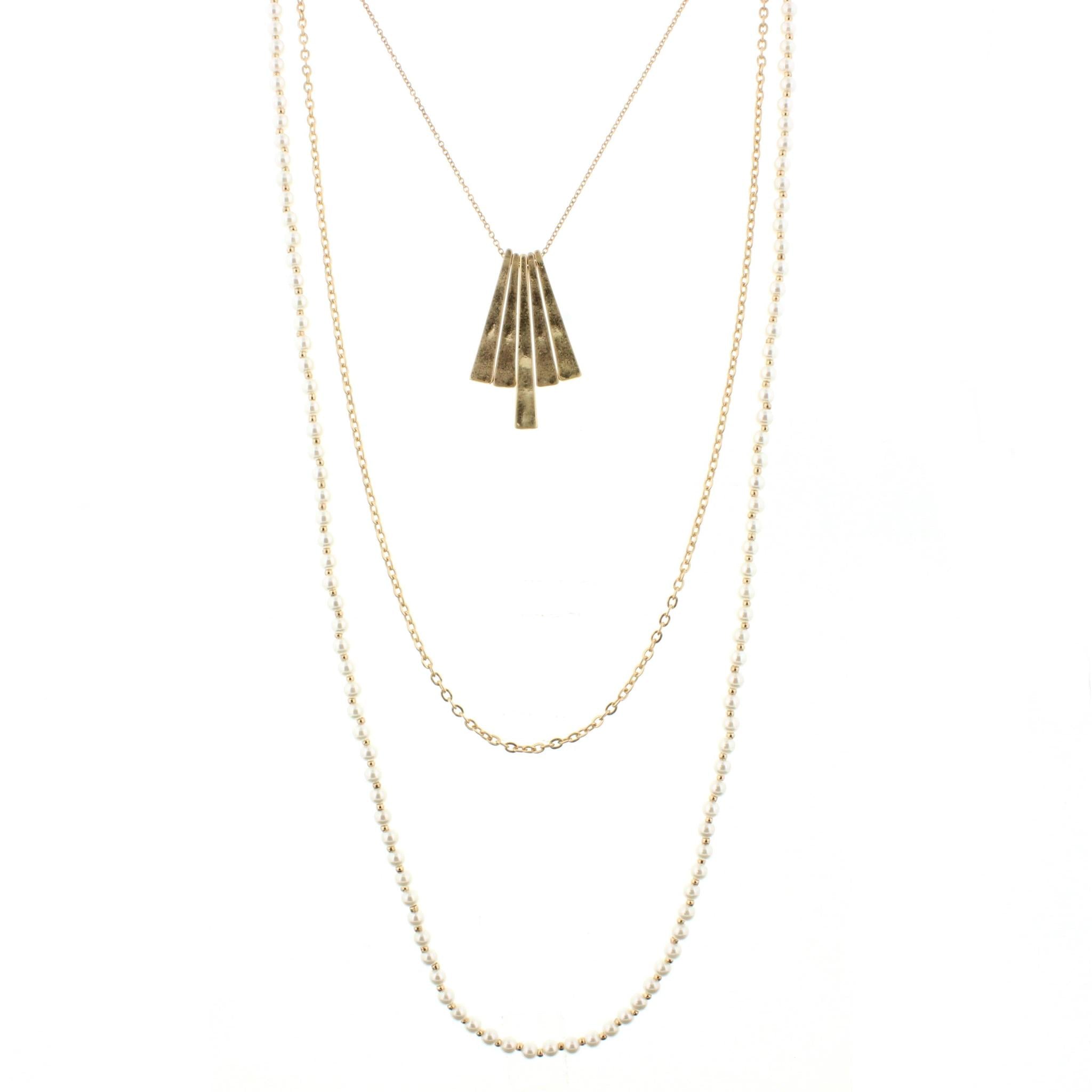 30" 3 Layer Pearl Beaded Necklace with Gold Fringe, 3" Ext