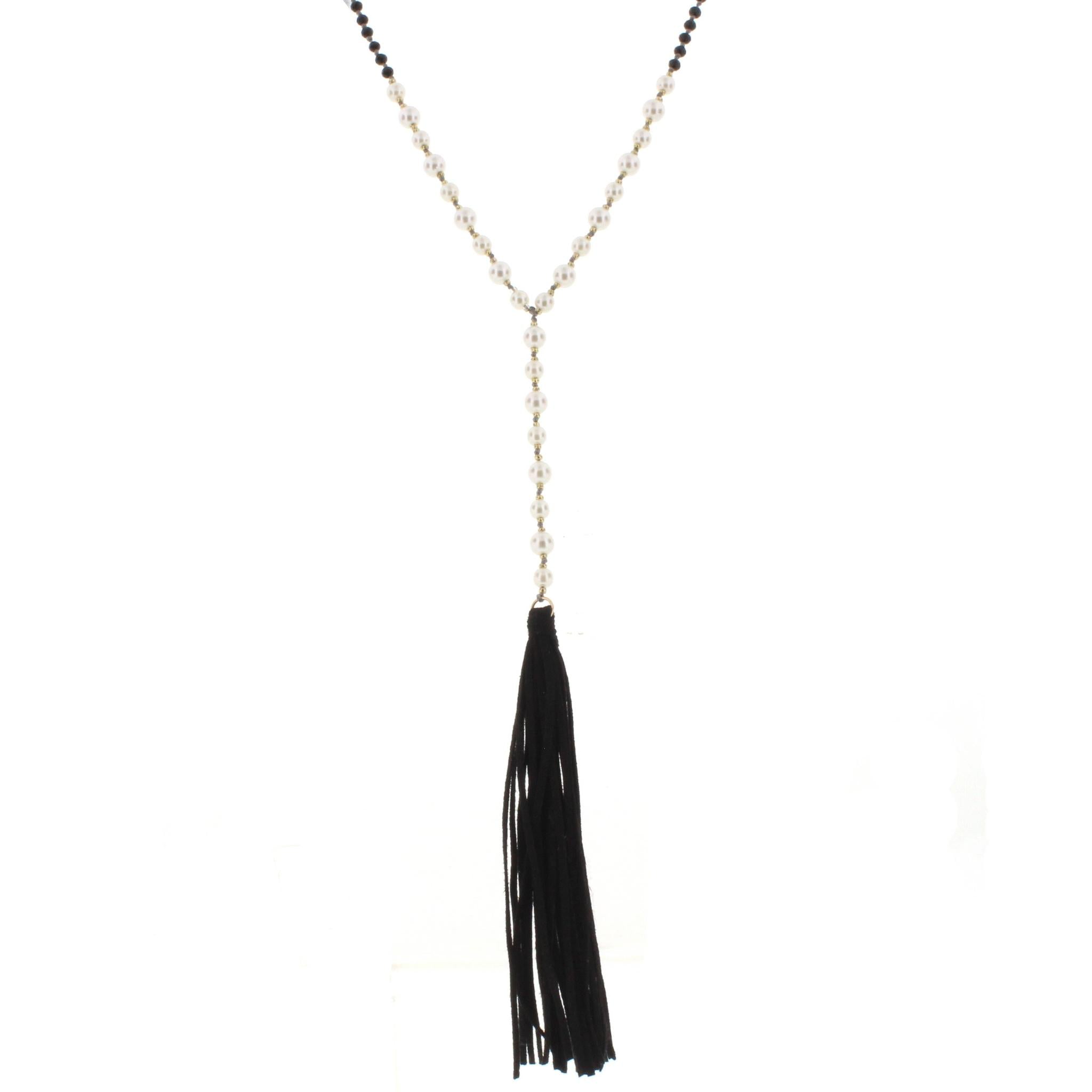32" Jet & Pearl Partial Handknotted Y Necklace with Jet Leather Tassel, 3" Ext