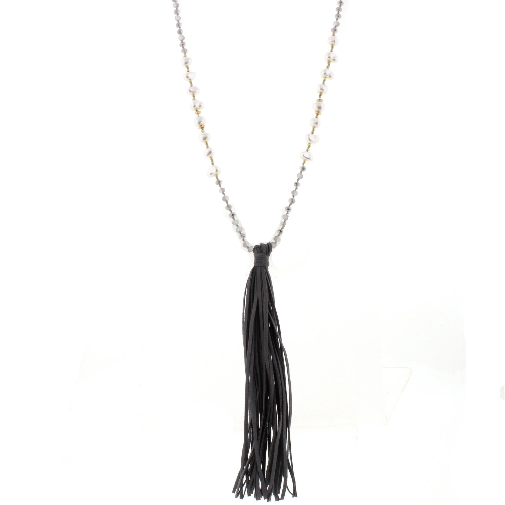 32" Grey & Pearl Partial Handknotted Necklace with Grey Leather Tassel, 3" Ext