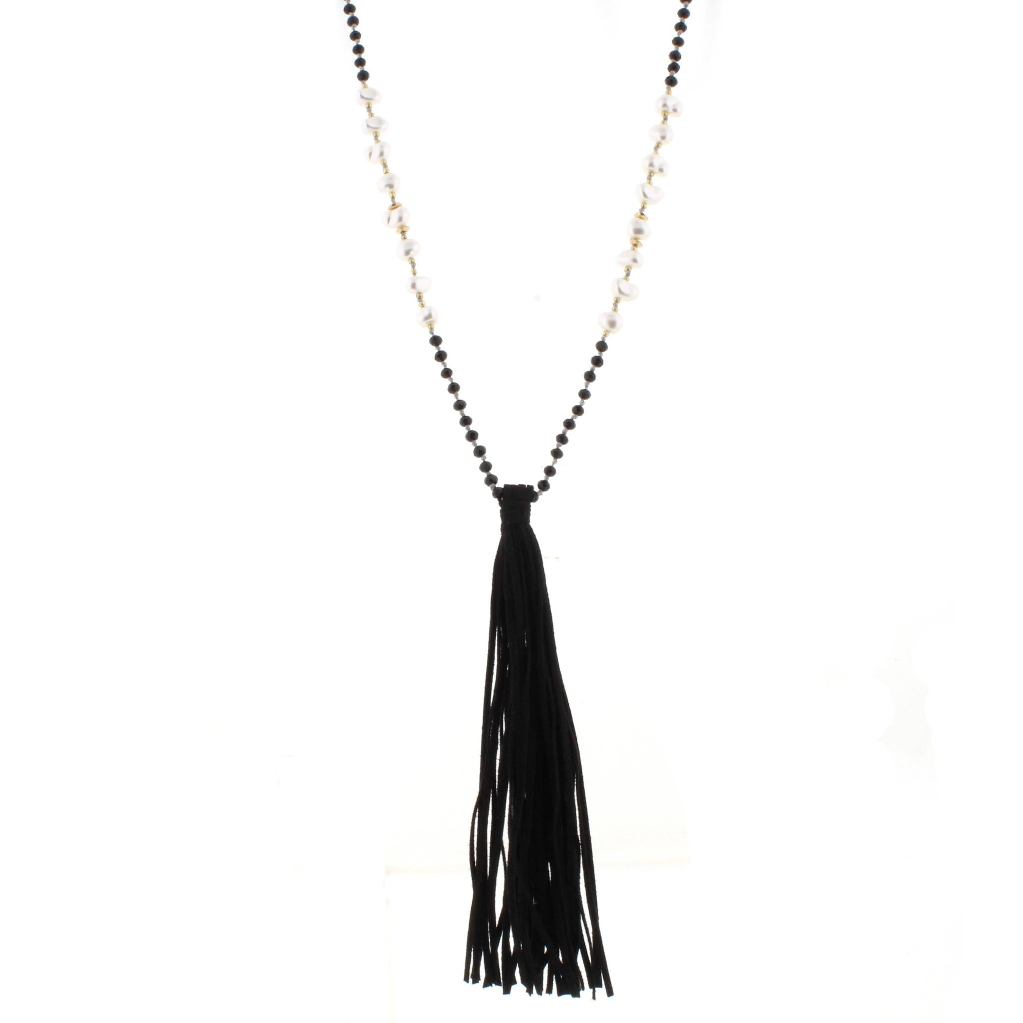 32" Jet & Pearl Partial Handknotted Necklace with Jet Leather Tassel, 3" Ext