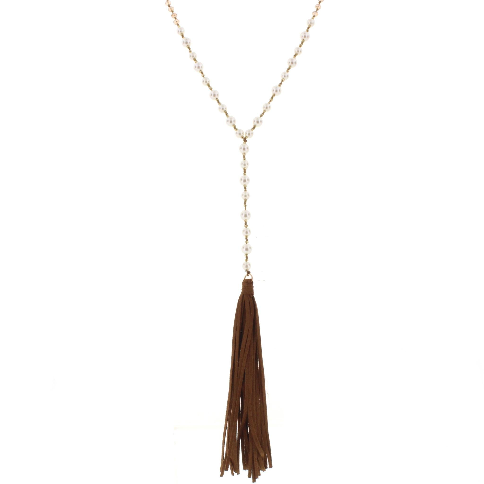32" Champagne & Pearl Partial Handknotted Y Necklace with Tan Leather Tassel, 3" Ext