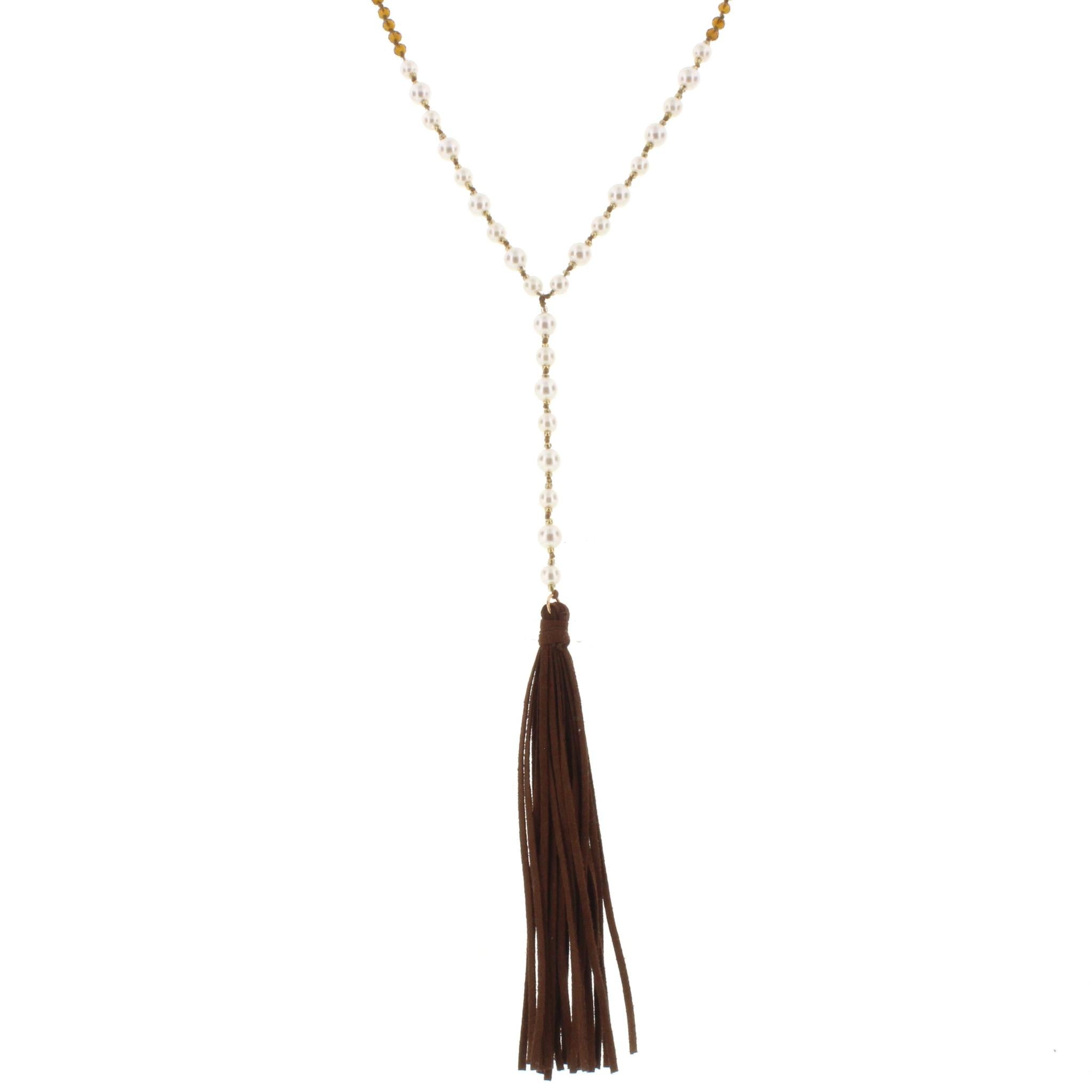 32" Topaz & Pearl Partial Handknotted Y Necklace with Brown Leather Tassel, 3" Ext