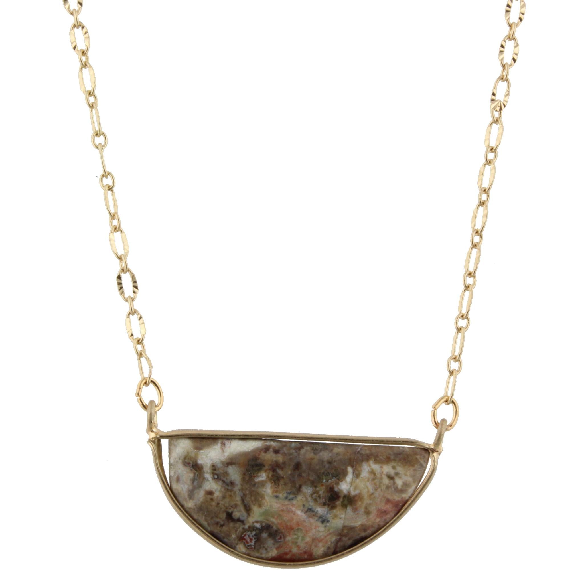 16" Gold Chain Necklace with Ocean Jasper Half Circle Stone, 3" Ext