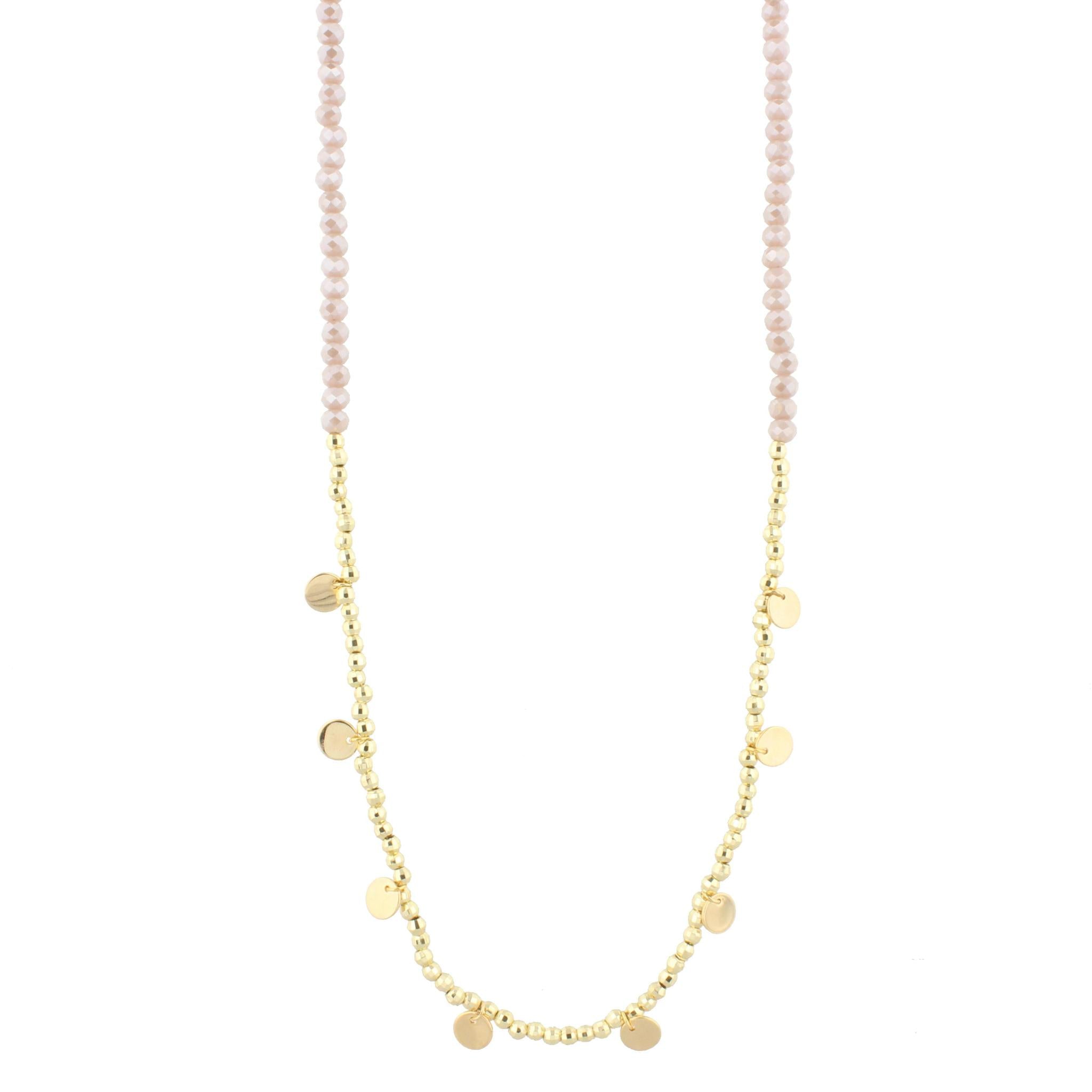 30" Beige Beaded Necklace with Gold Beads & Disks, 3" Ext